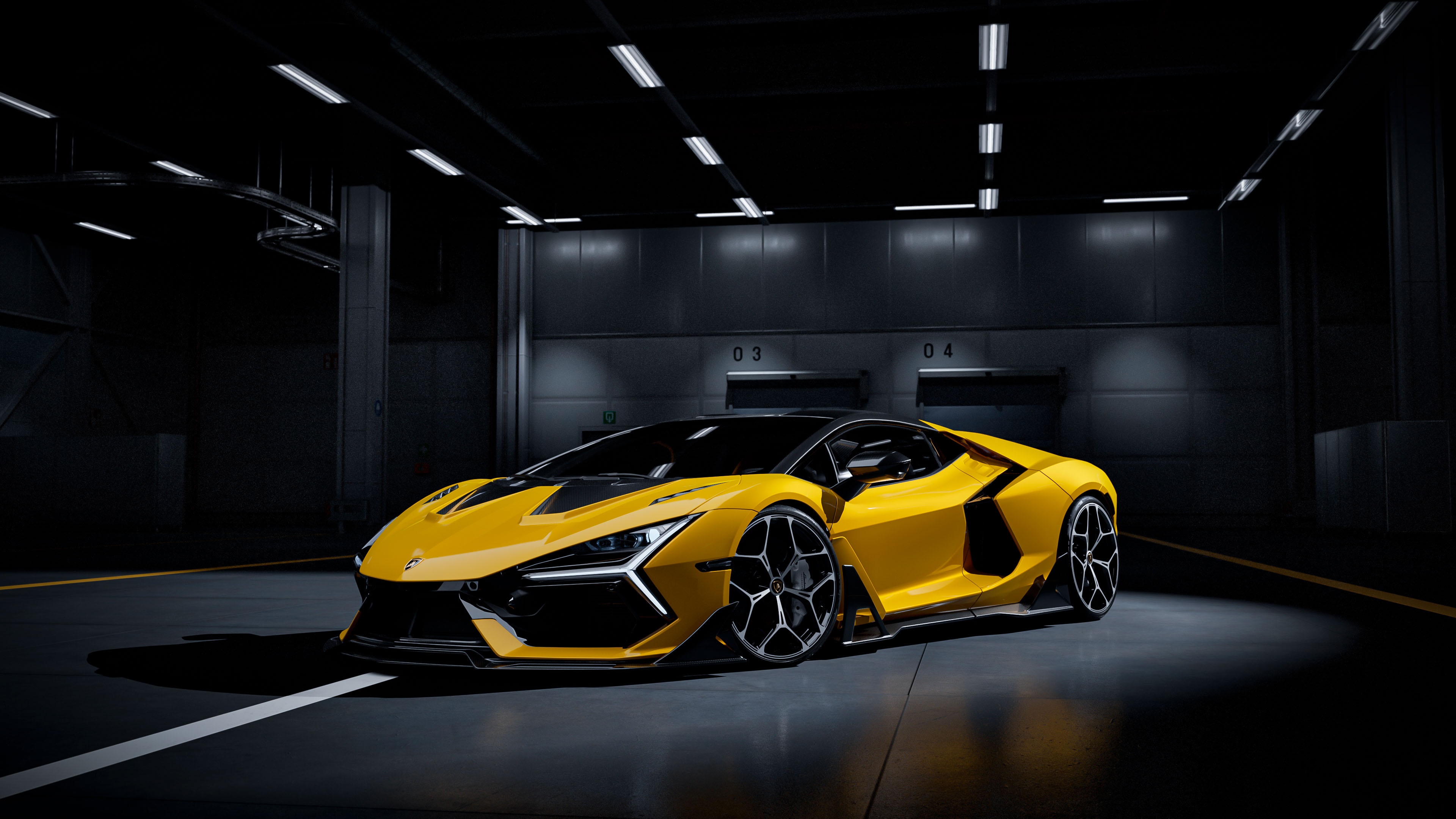 Yellow Lamborghini Revuelto 2025 in a dark garage HD Wallpaper