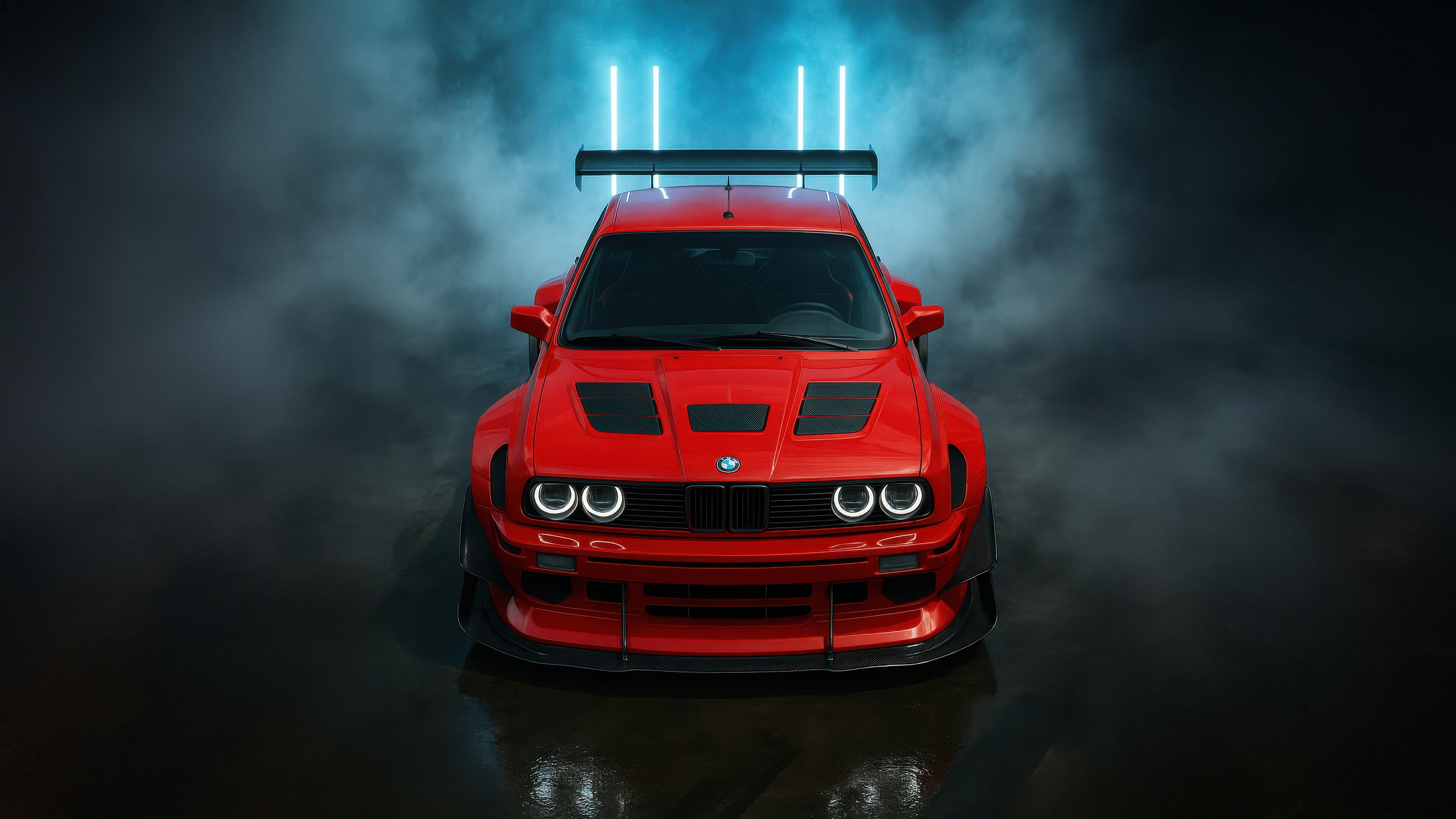 Red BMW M3 E30 with a large rear wing HD Wallpaper