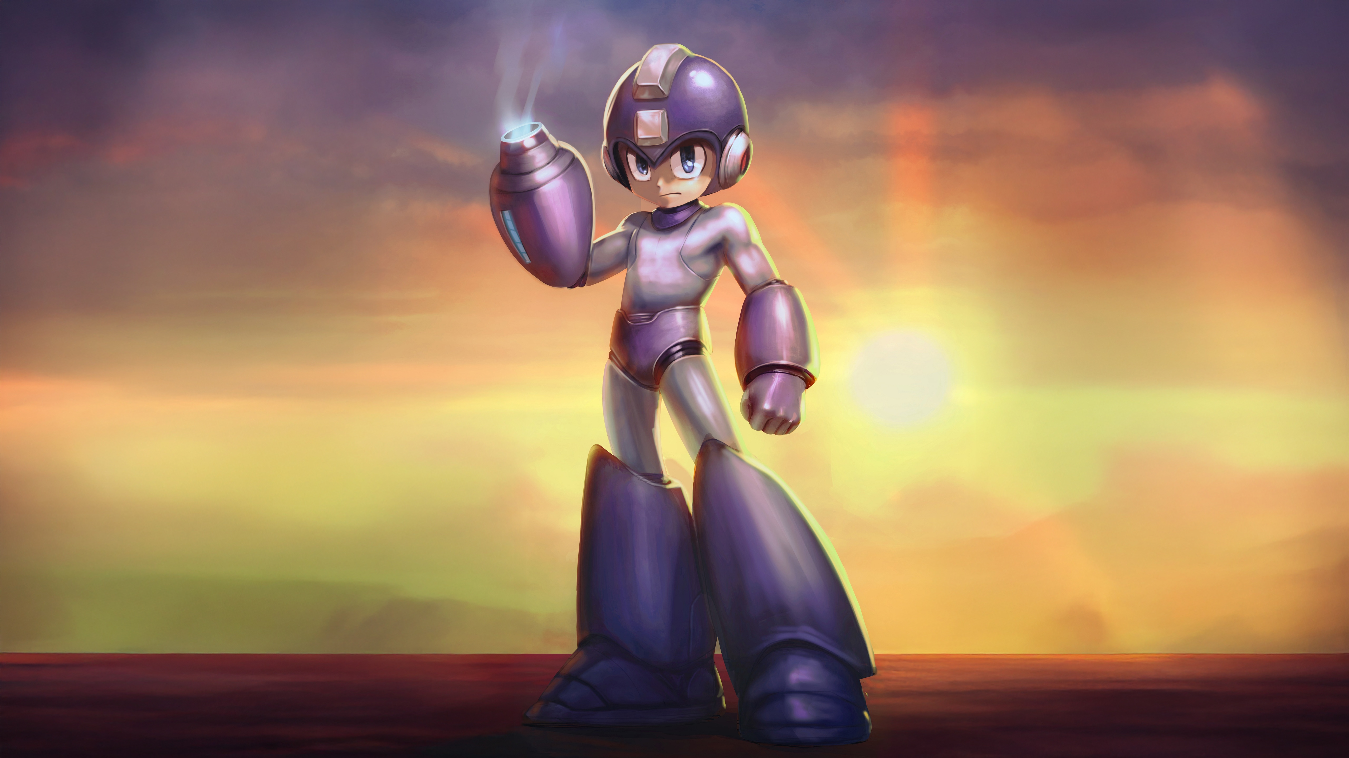 Mega Man standing against a sunset HD Wallpaper