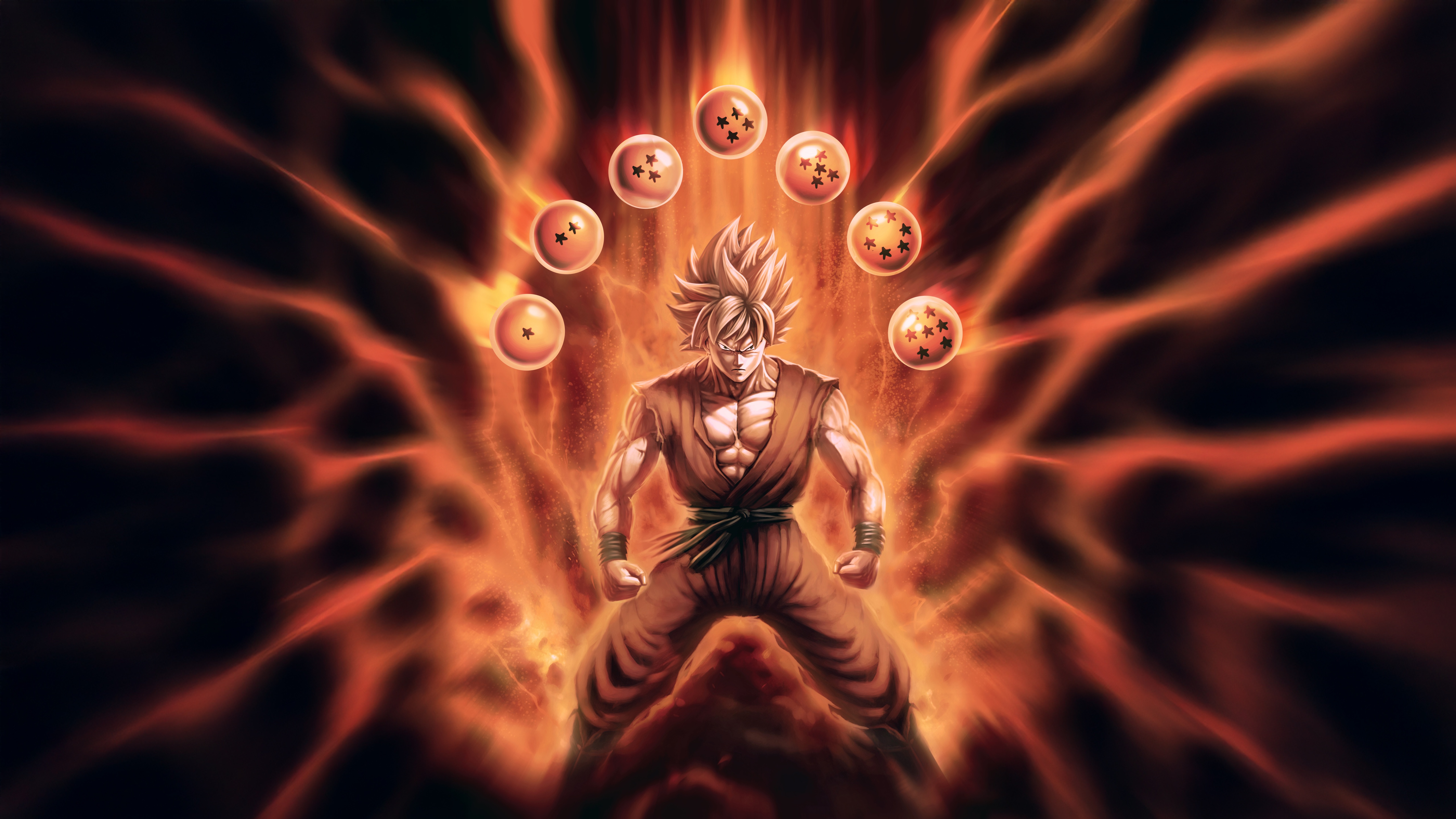 Goku surrounded by Dragon Balls with fiery aura HD Wallpaper