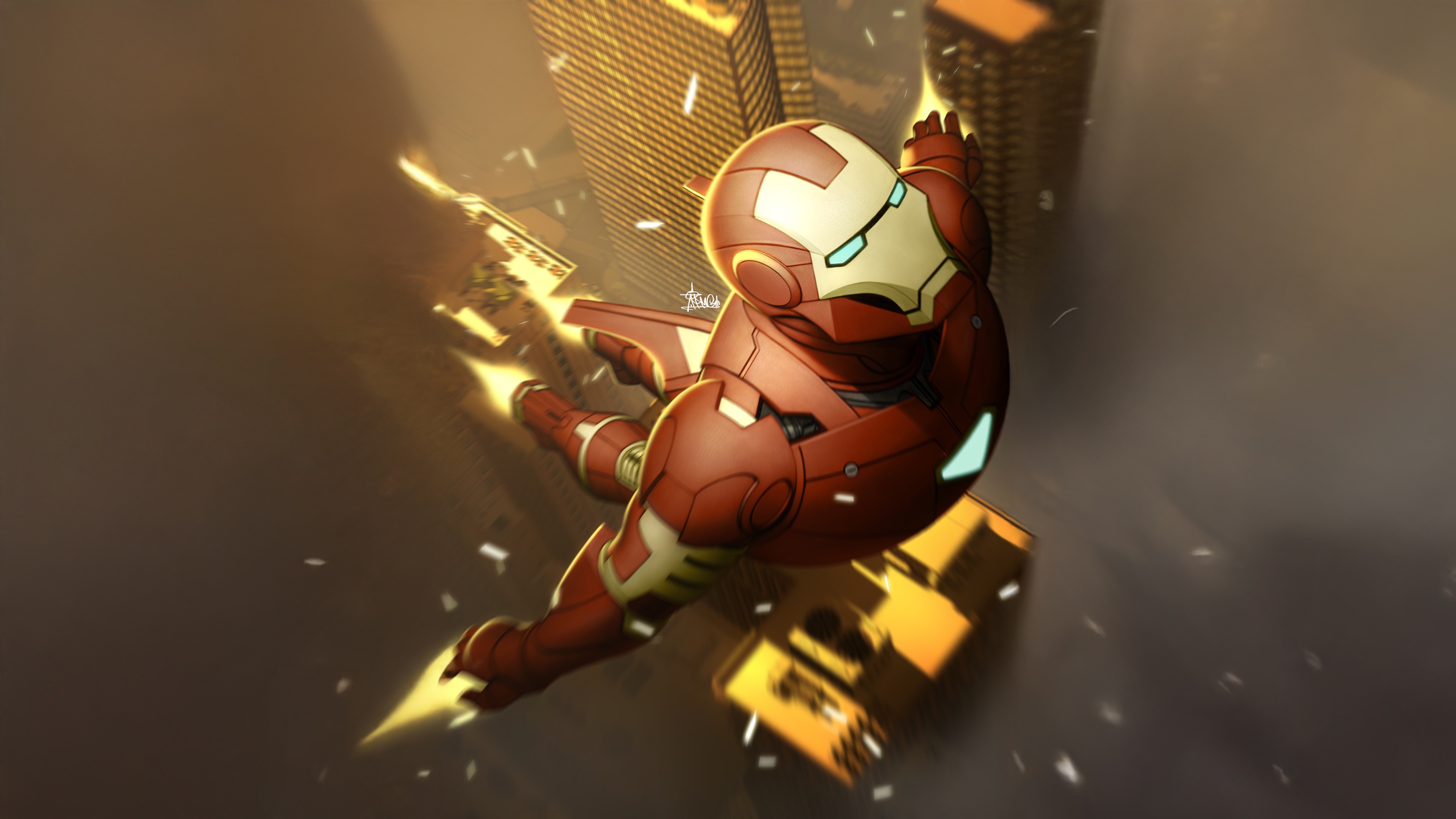 Iron Man flying through city buildings HD Wallpaper