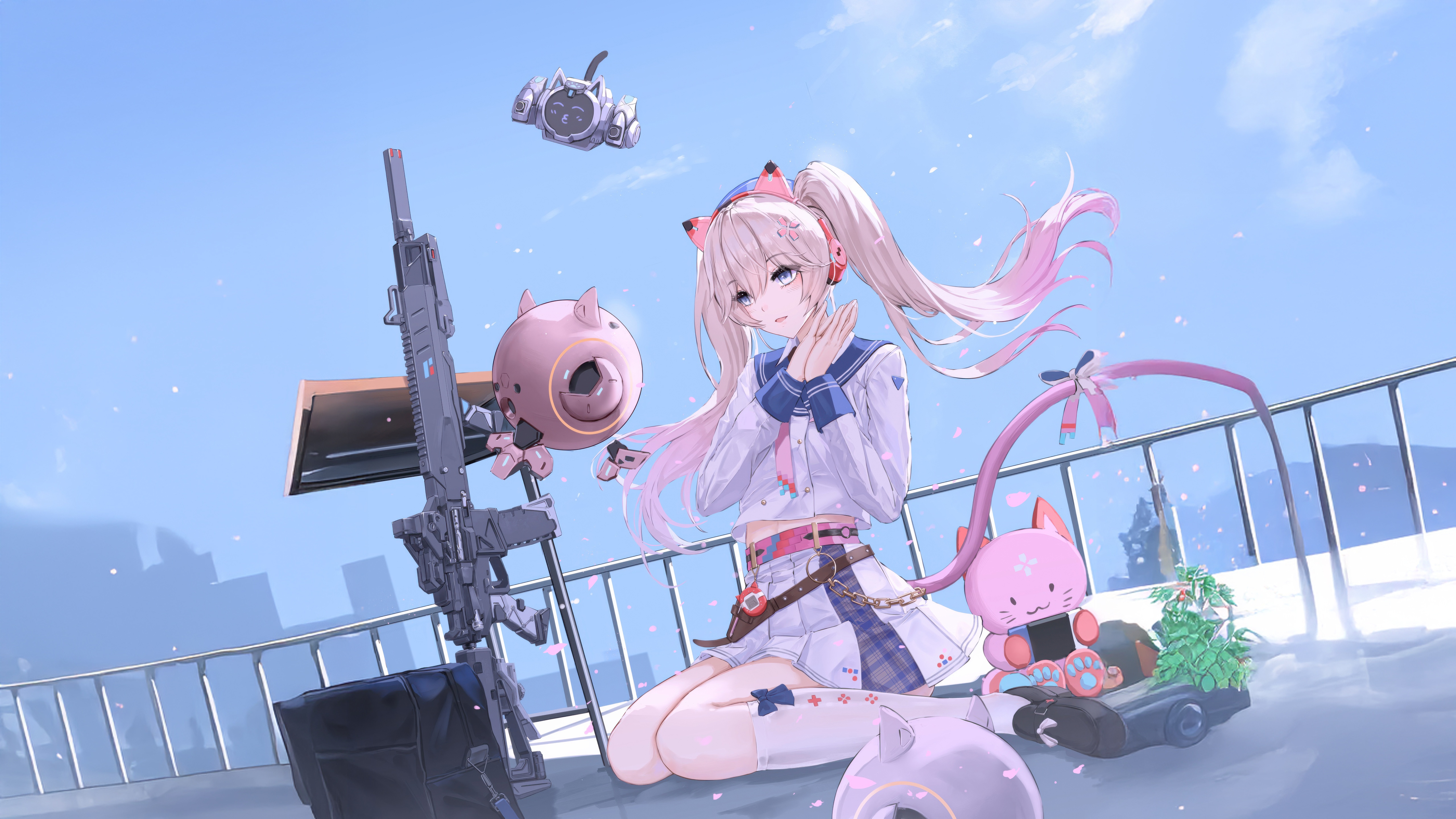 Anime Girl with Military Gear and Pink Companions HD Wallpaper