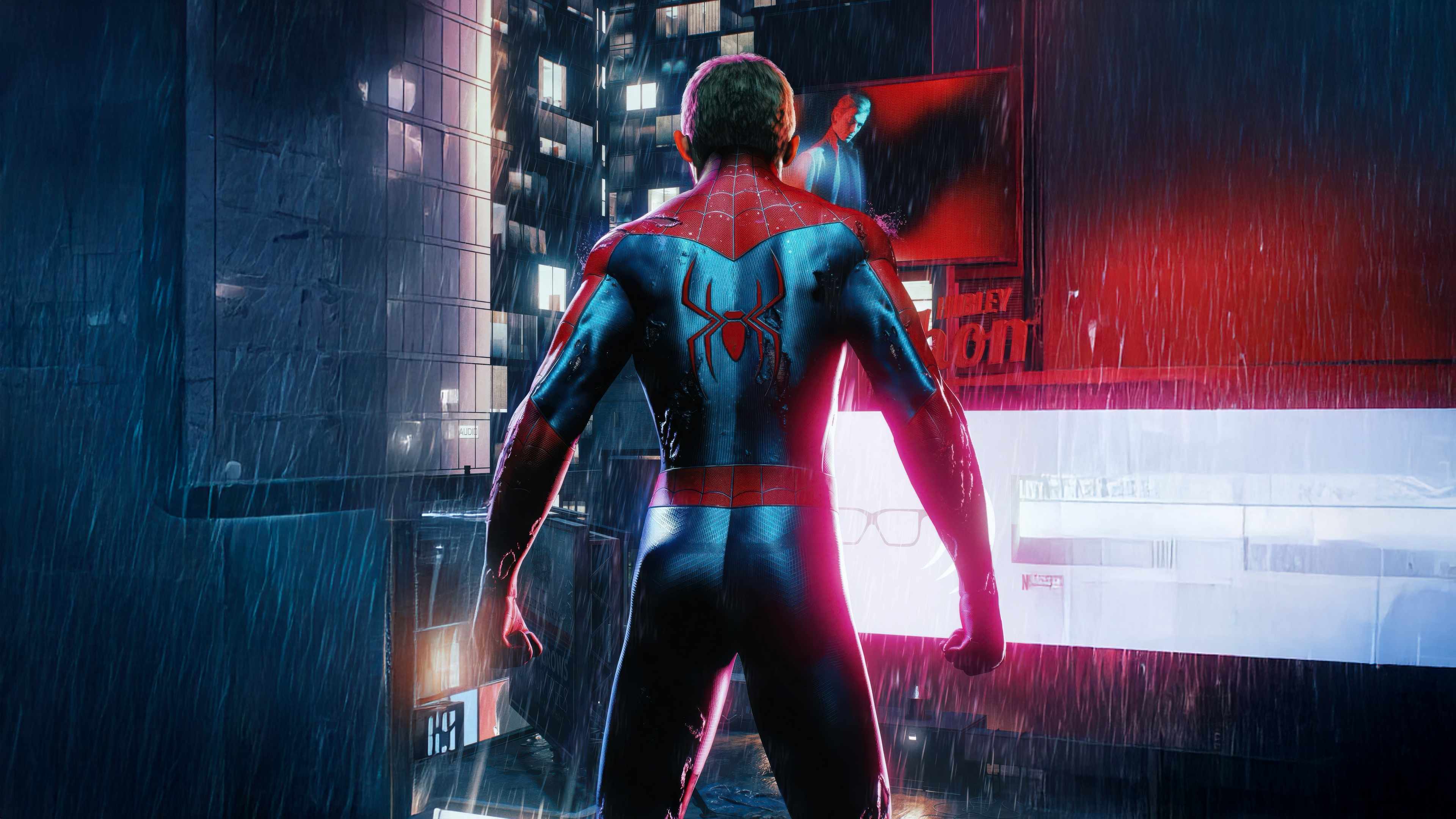 Spider-Man in a Rainy City HD Wallpaper