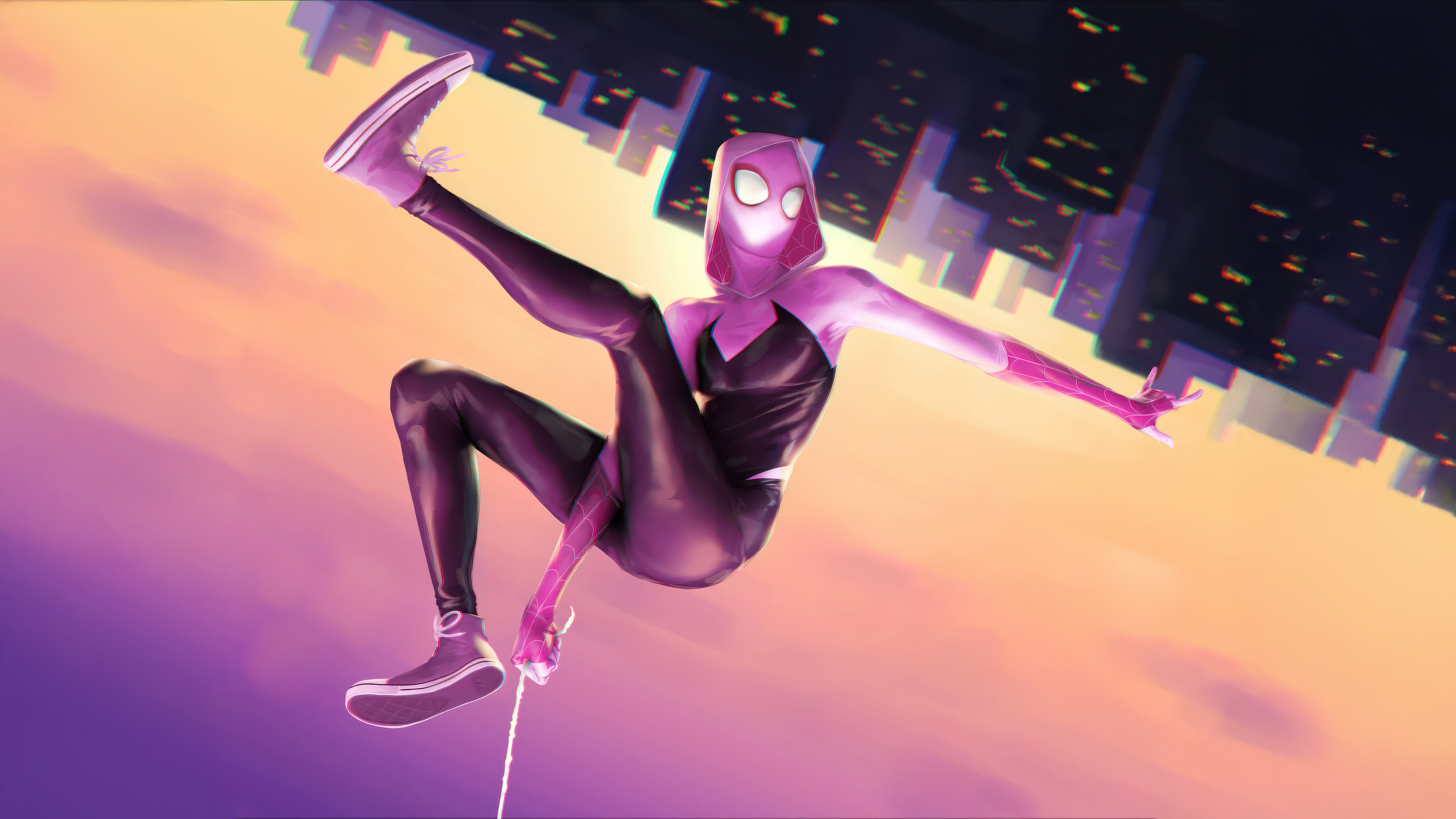 Gwen Stacy swinging through an inverted city HD Wallpaper