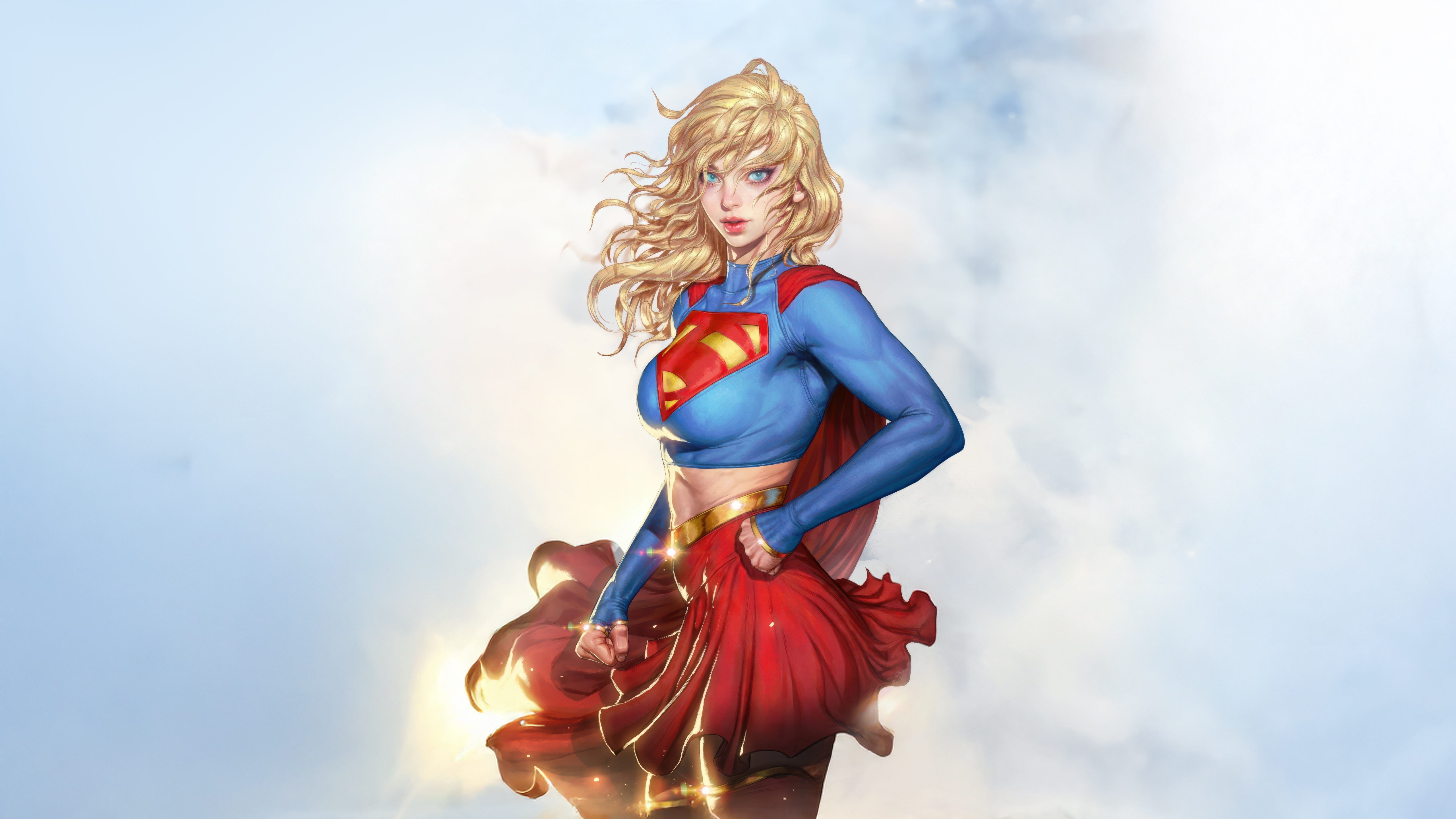 Supergirl in a blue and red costume against a sky background HD Wallpaper