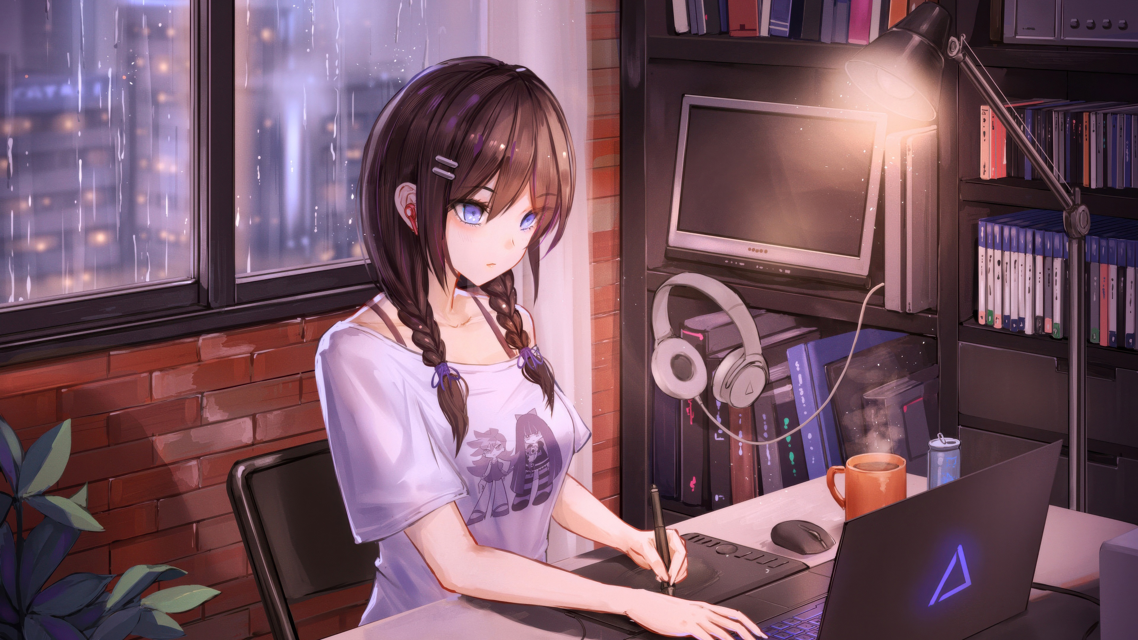 Anime girl working on a laptop during a rainy night HD Wallpaper
