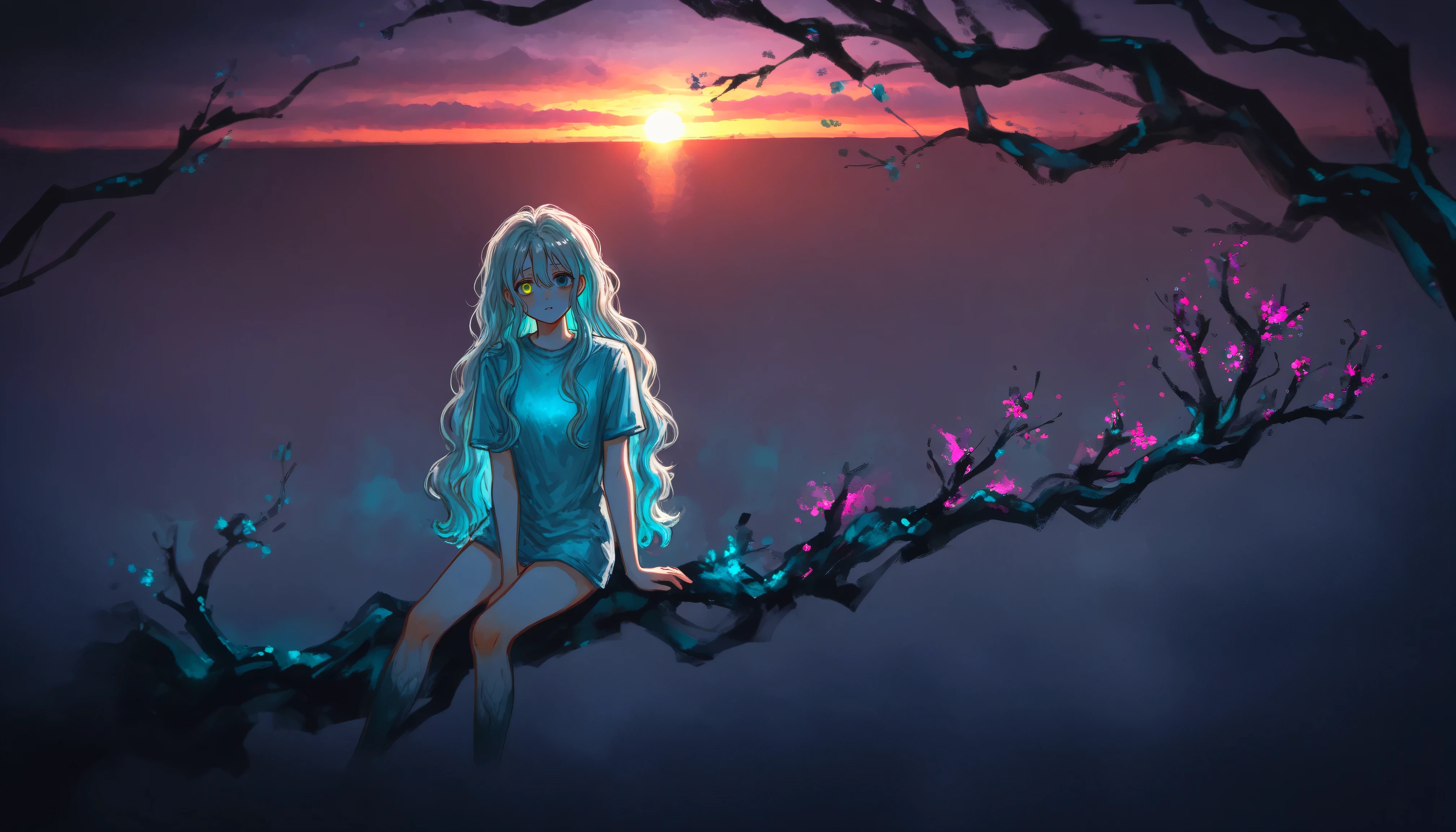 Girl on a branch at sunset HD Wallpaper