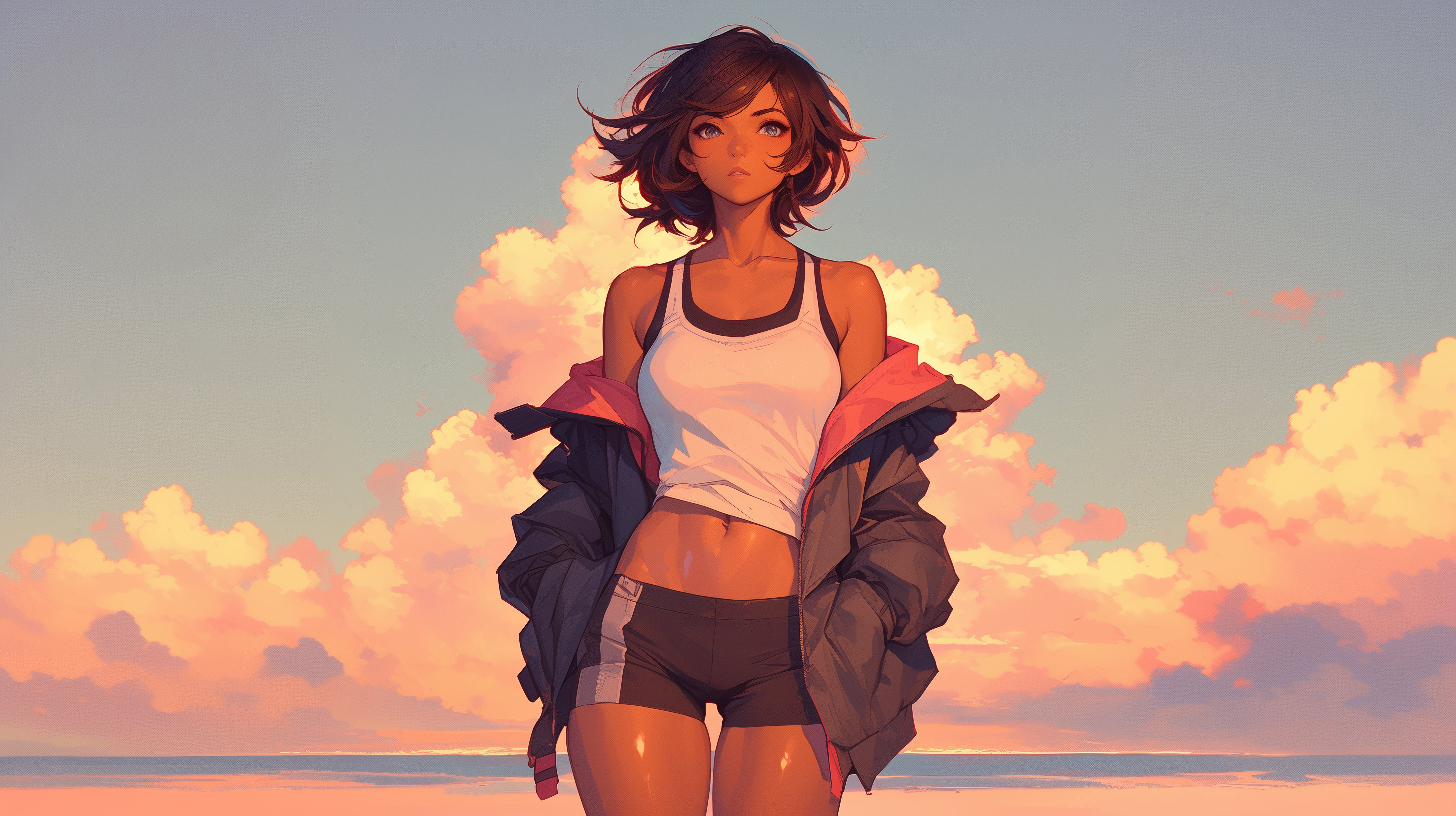 Woman in athletic wear by the coast at sunset HD Wallpaper