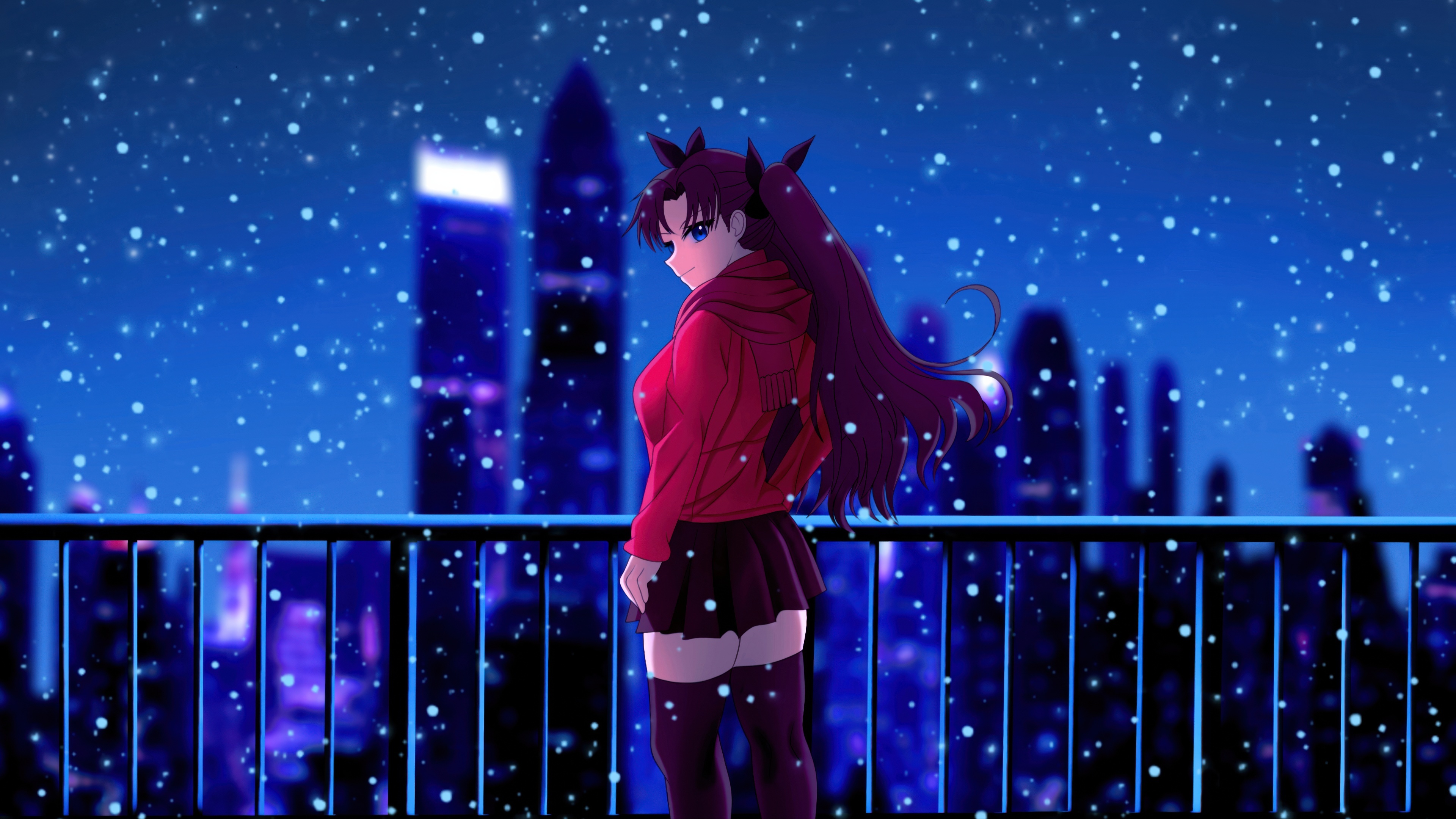 Anime girl in red hoodie on snowy city night HD Wallpaper