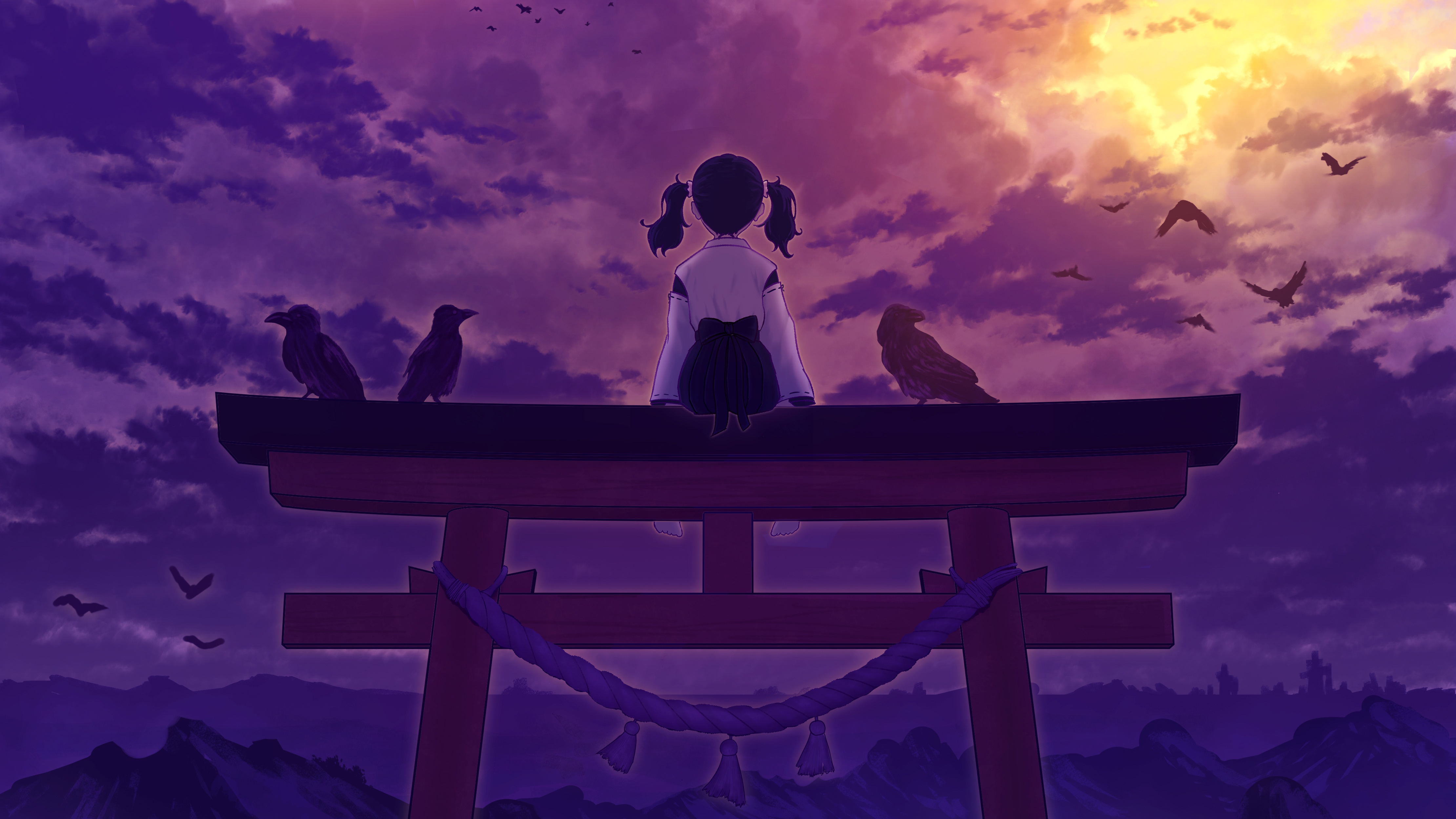 Anime girl with ravens on a torii gate HD Wallpaper