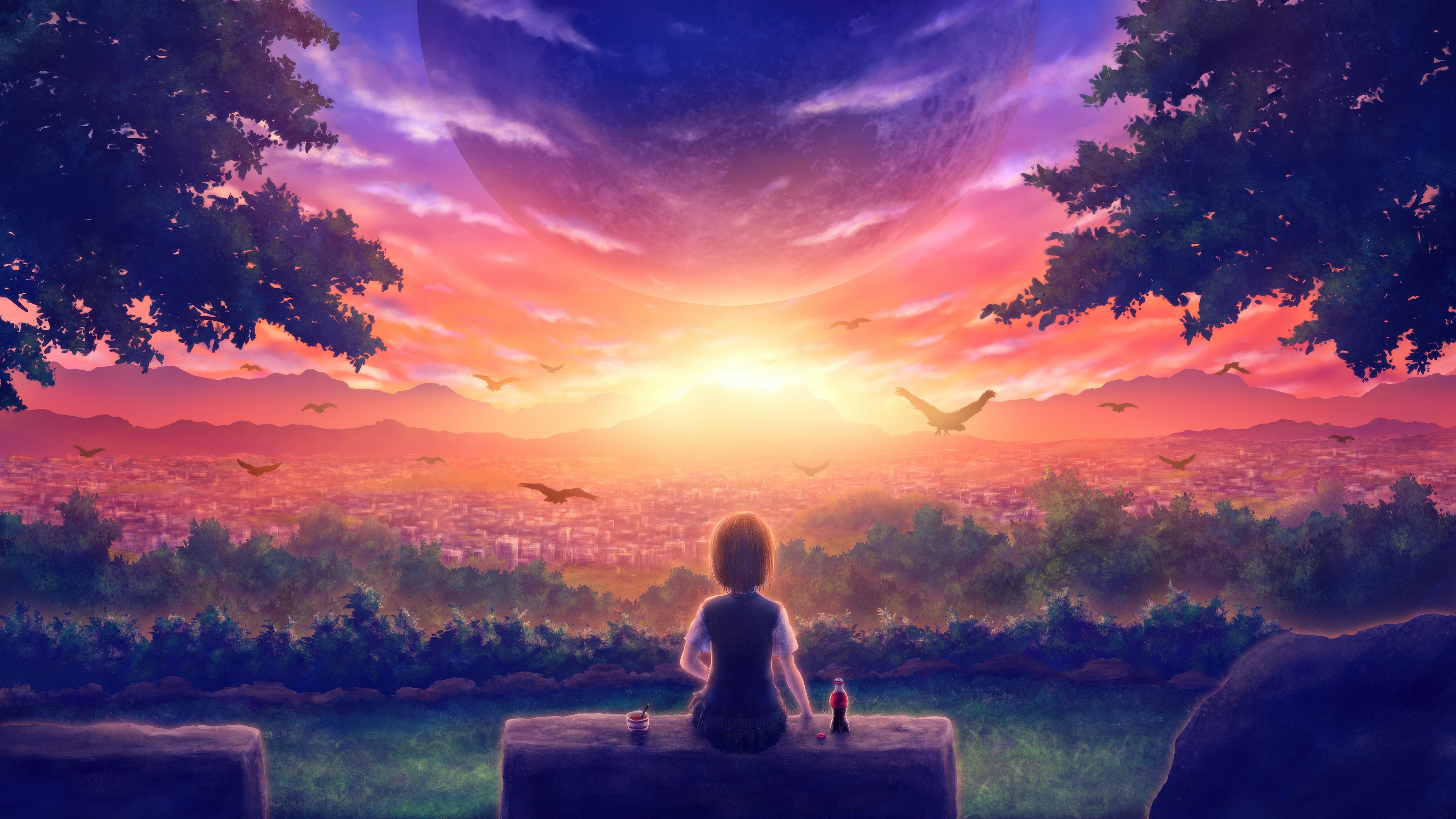 Anime girl with Coke and burger overlooking city at sunset HD Wallpaper