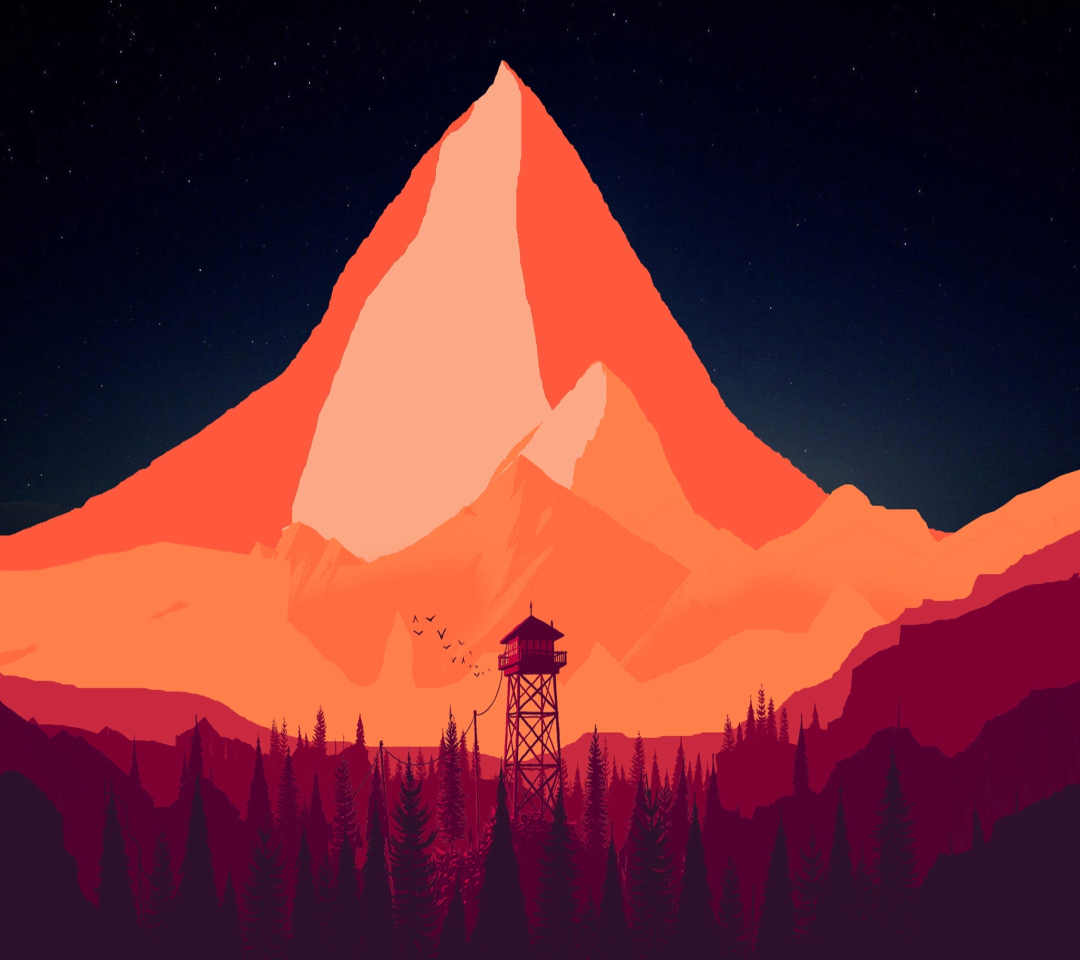 Minimalist landscape with mountains and fire tower HD Wallpaper