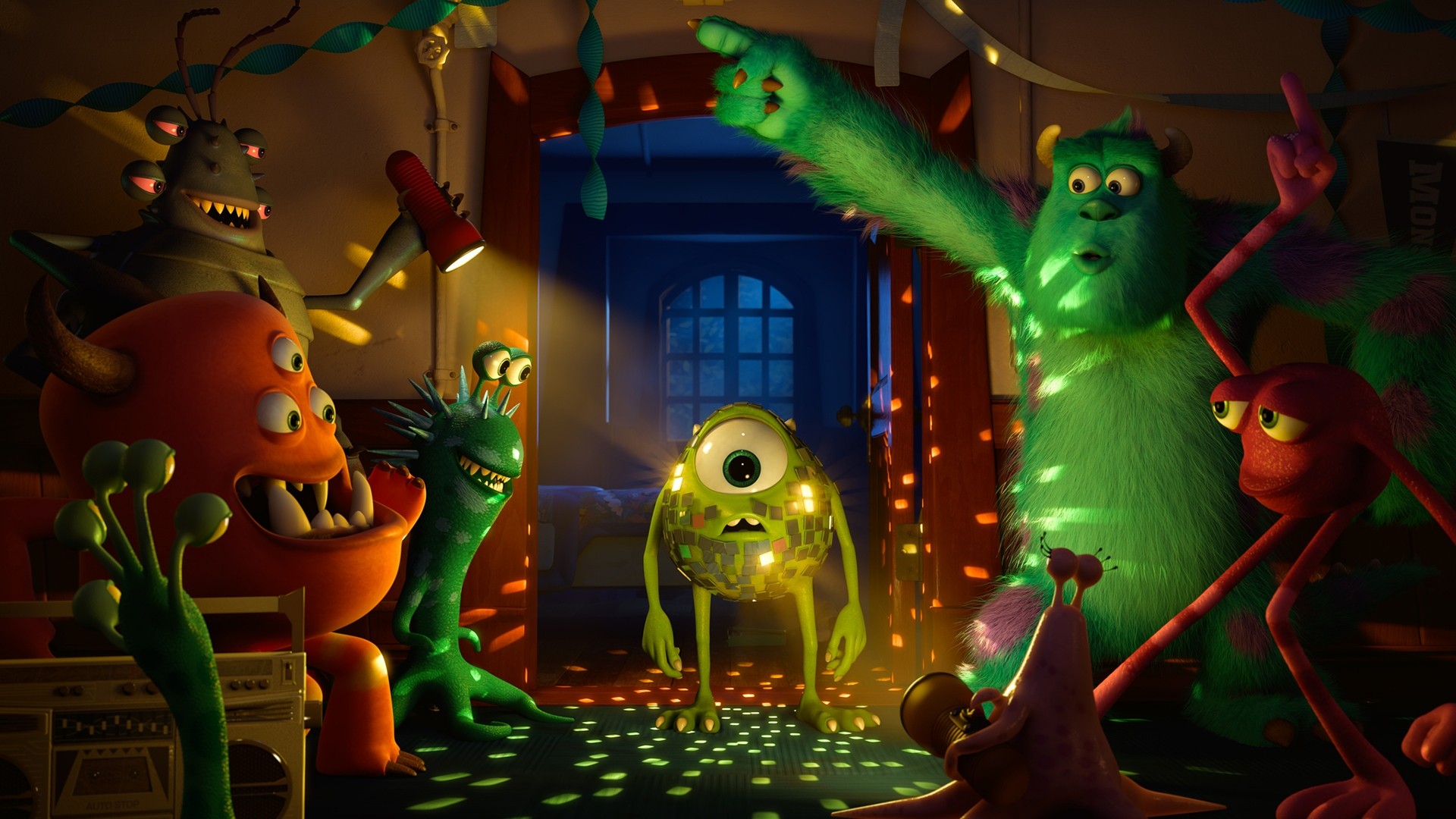 Monsters, Inc. characters at a party HD Wallpaper