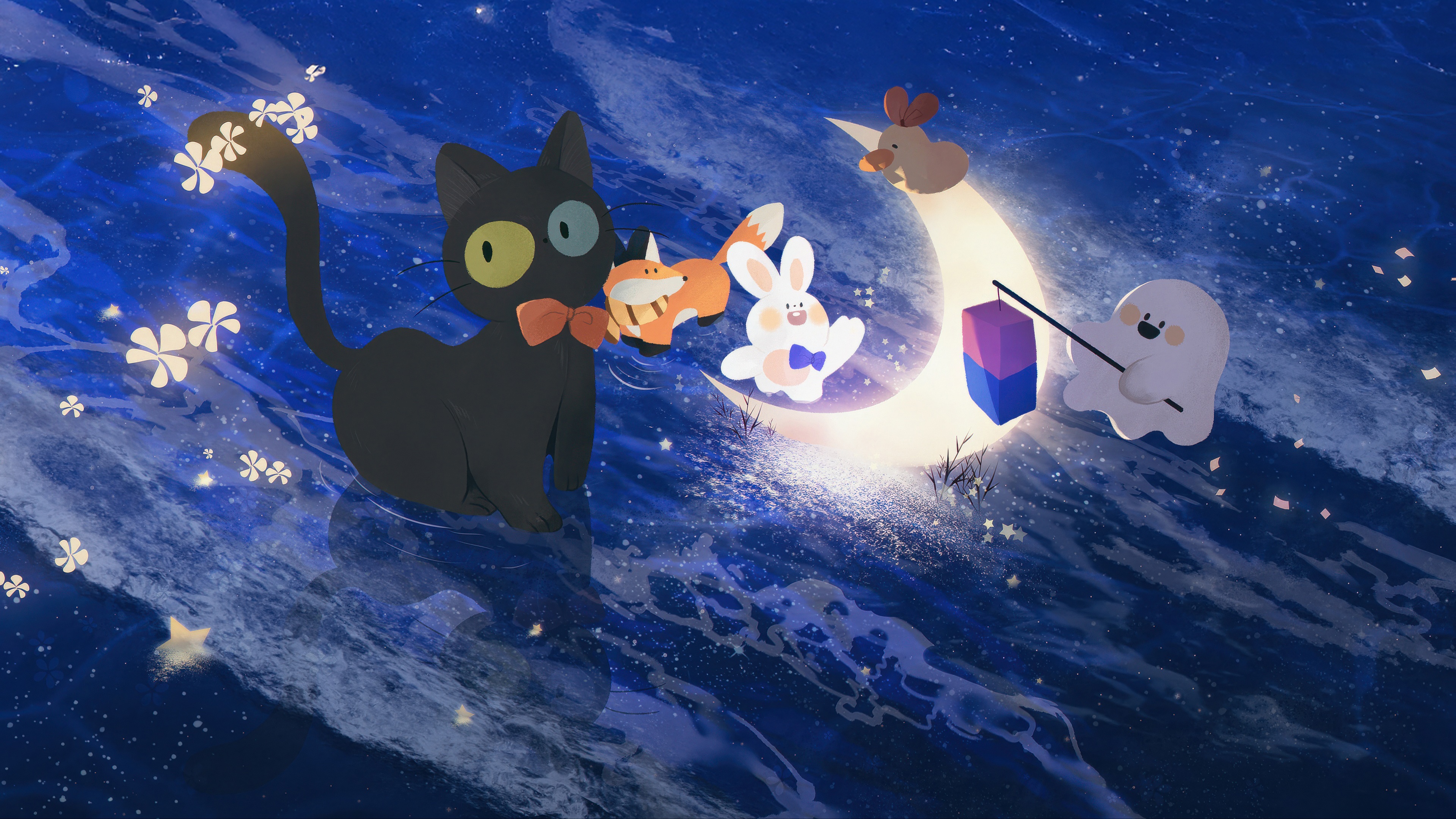 Cute animals on a crescent moon in space HD Wallpaper