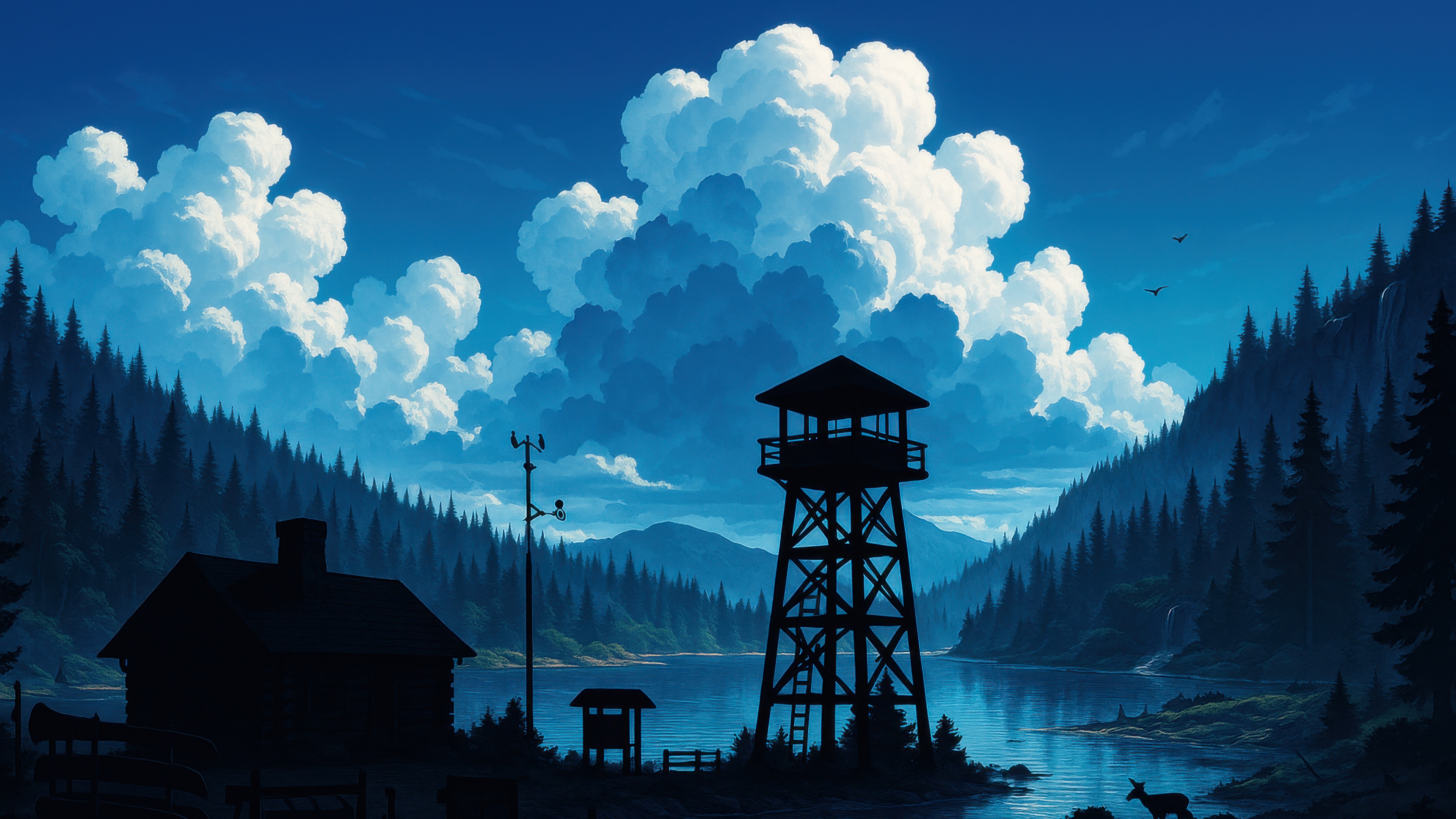 Mountain Lake Watchtower with Dramatic Clouds HD Wallpaper
