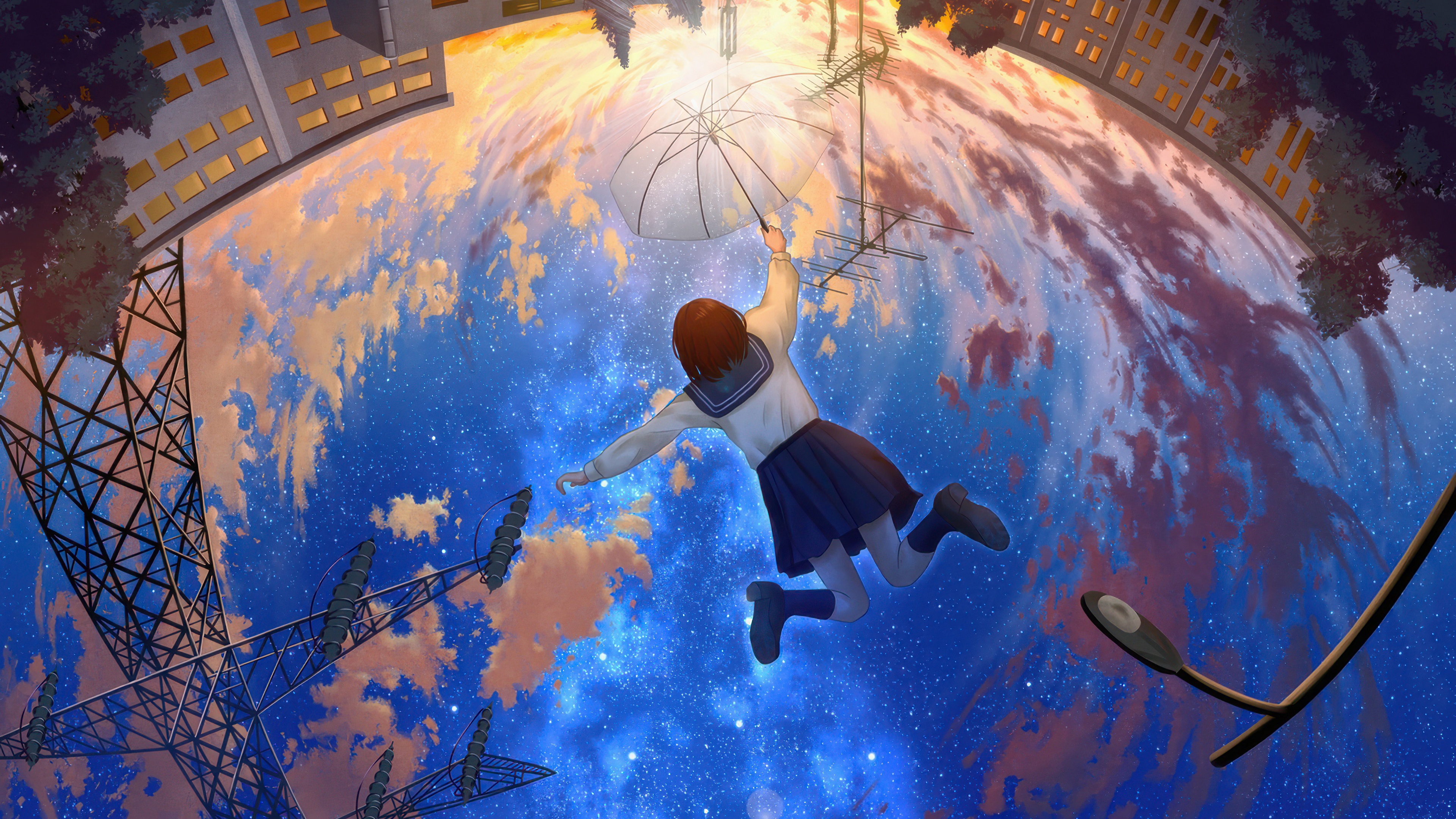 Anime Girl Flying Through Cosmic Clouds HD Wallpaper