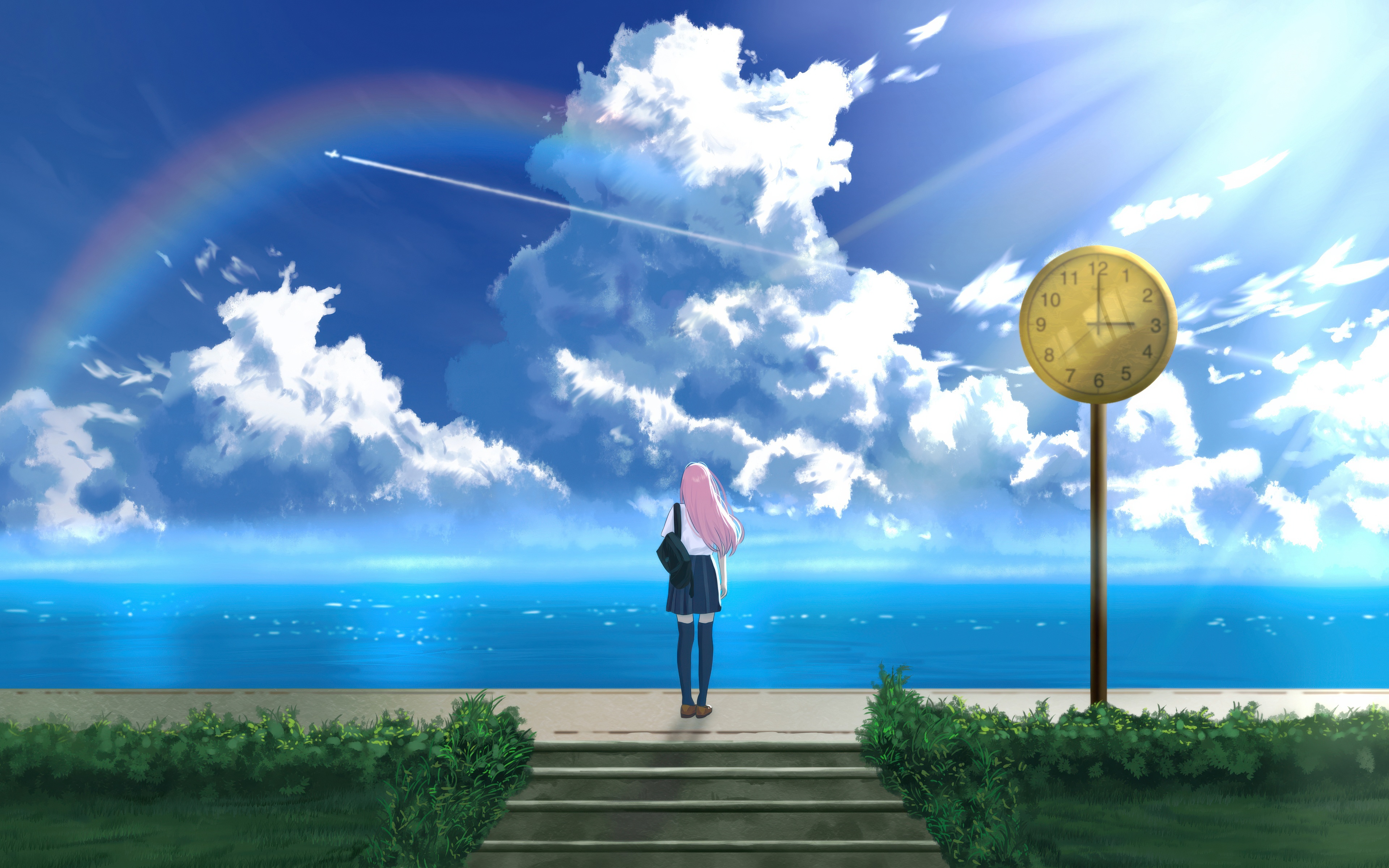 Girl with pink hair at the ocean edge HD Wallpaper