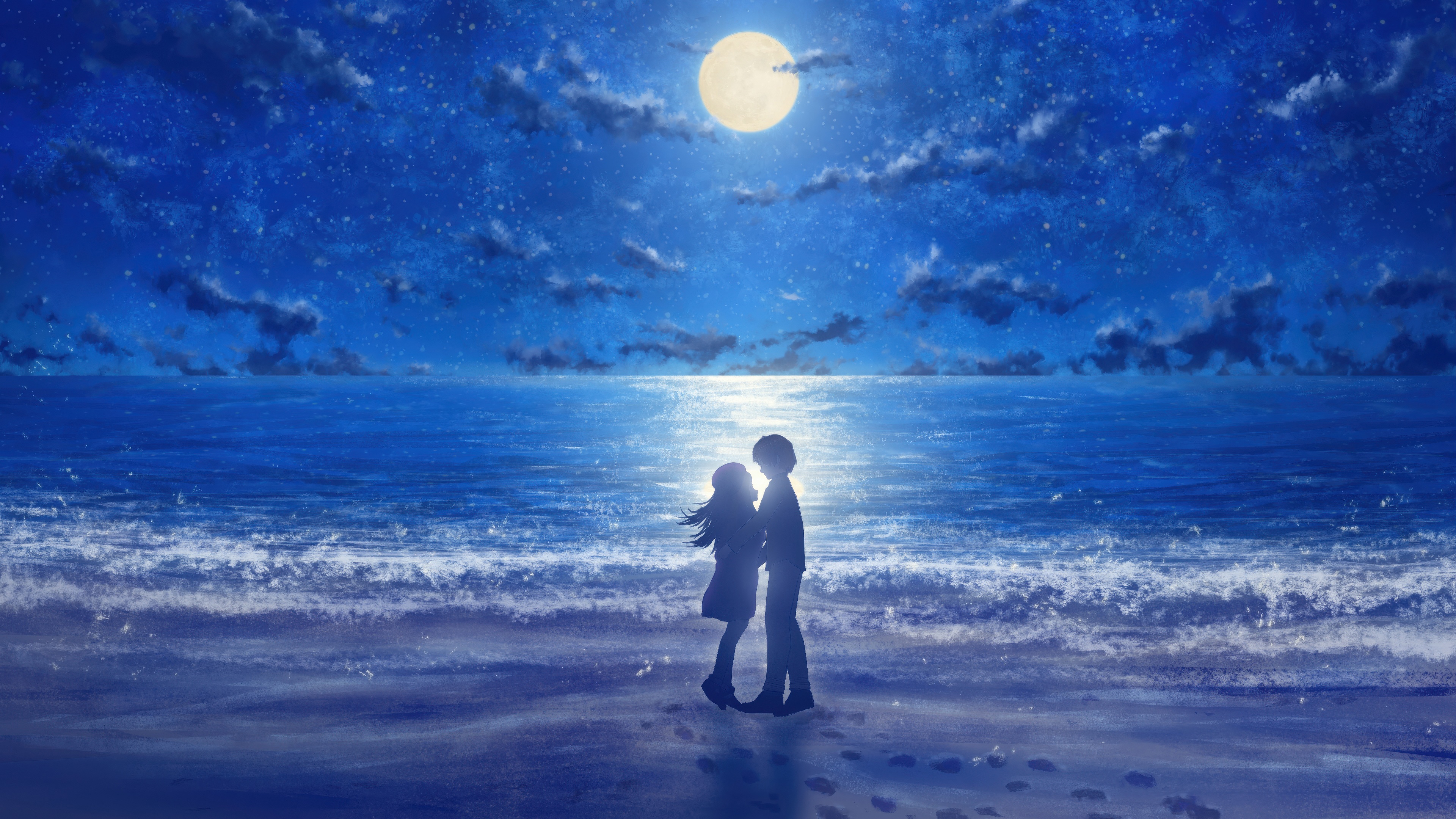 Couple Silhouette On Beach Under Full Moon HD Wallpaper