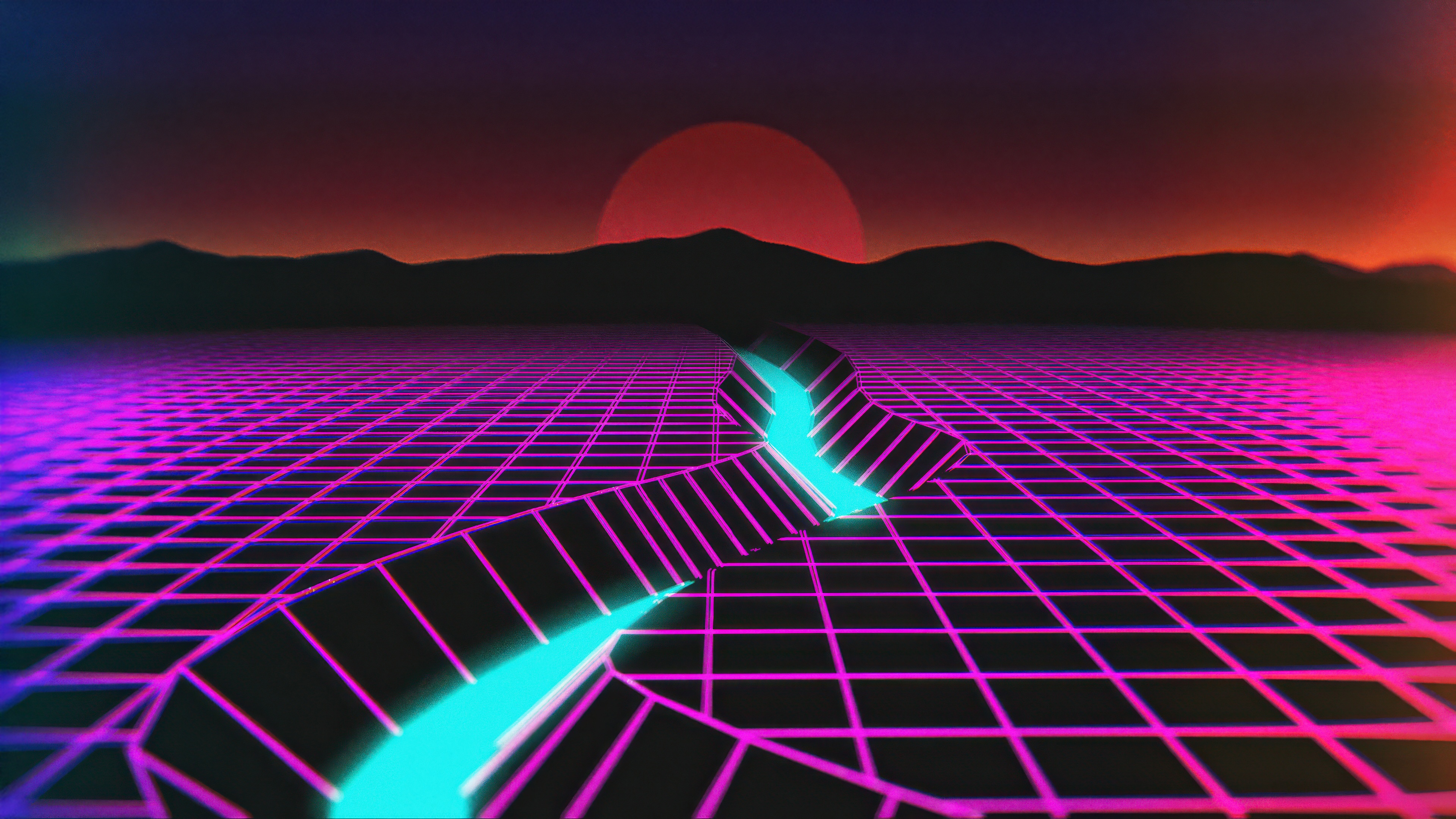 Synthwave landscape with neon grid and sunset HD Wallpaper