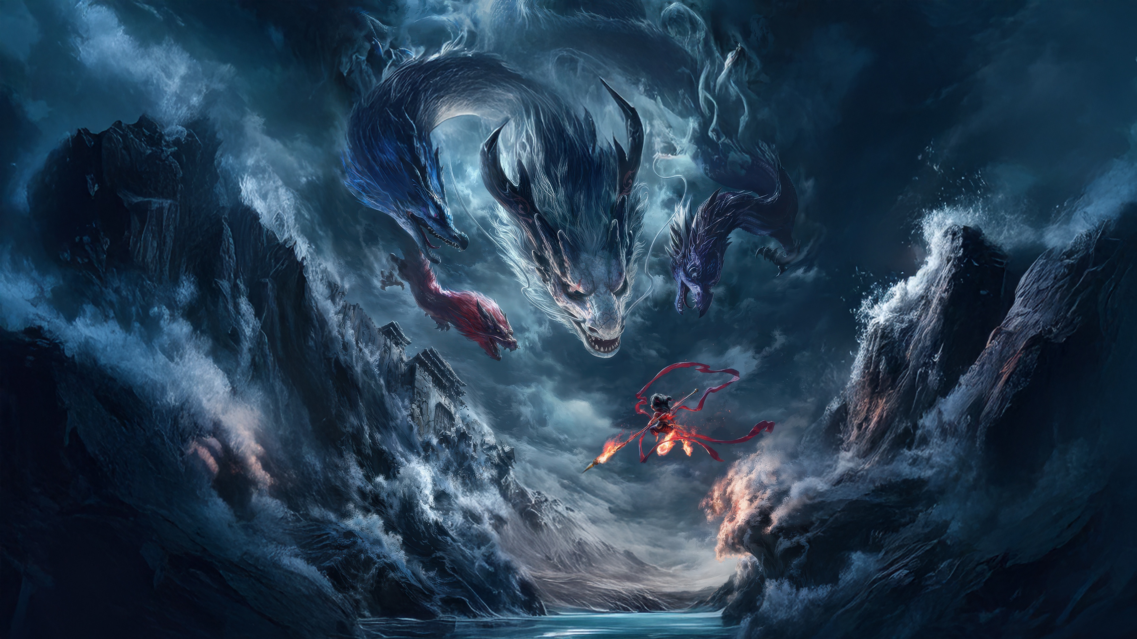 Ne Zha fights a multi-headed dragon in a stormy sea HD Wallpaper