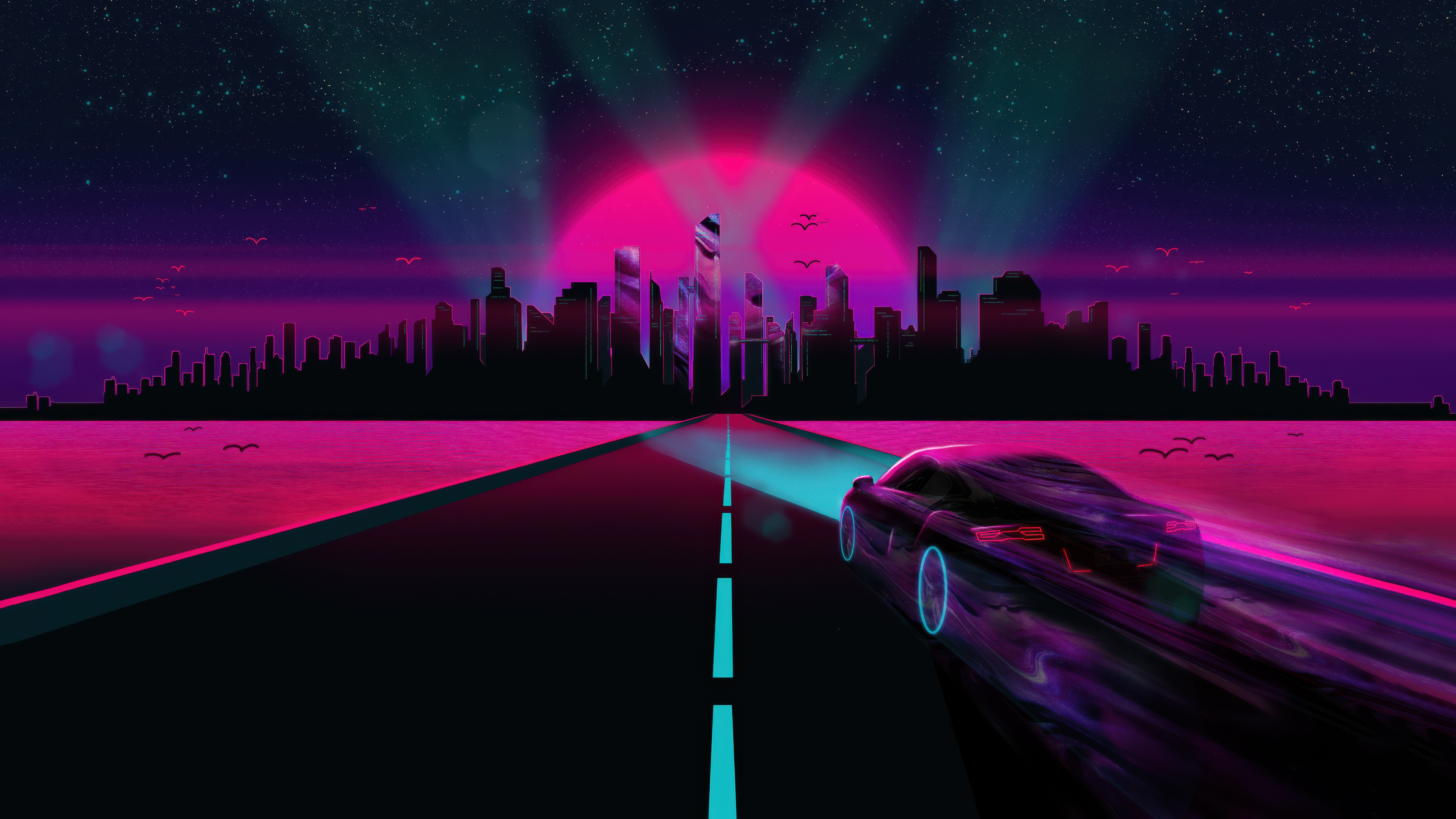 City Skyline with a Speeding Car at Sunset HD Wallpaper