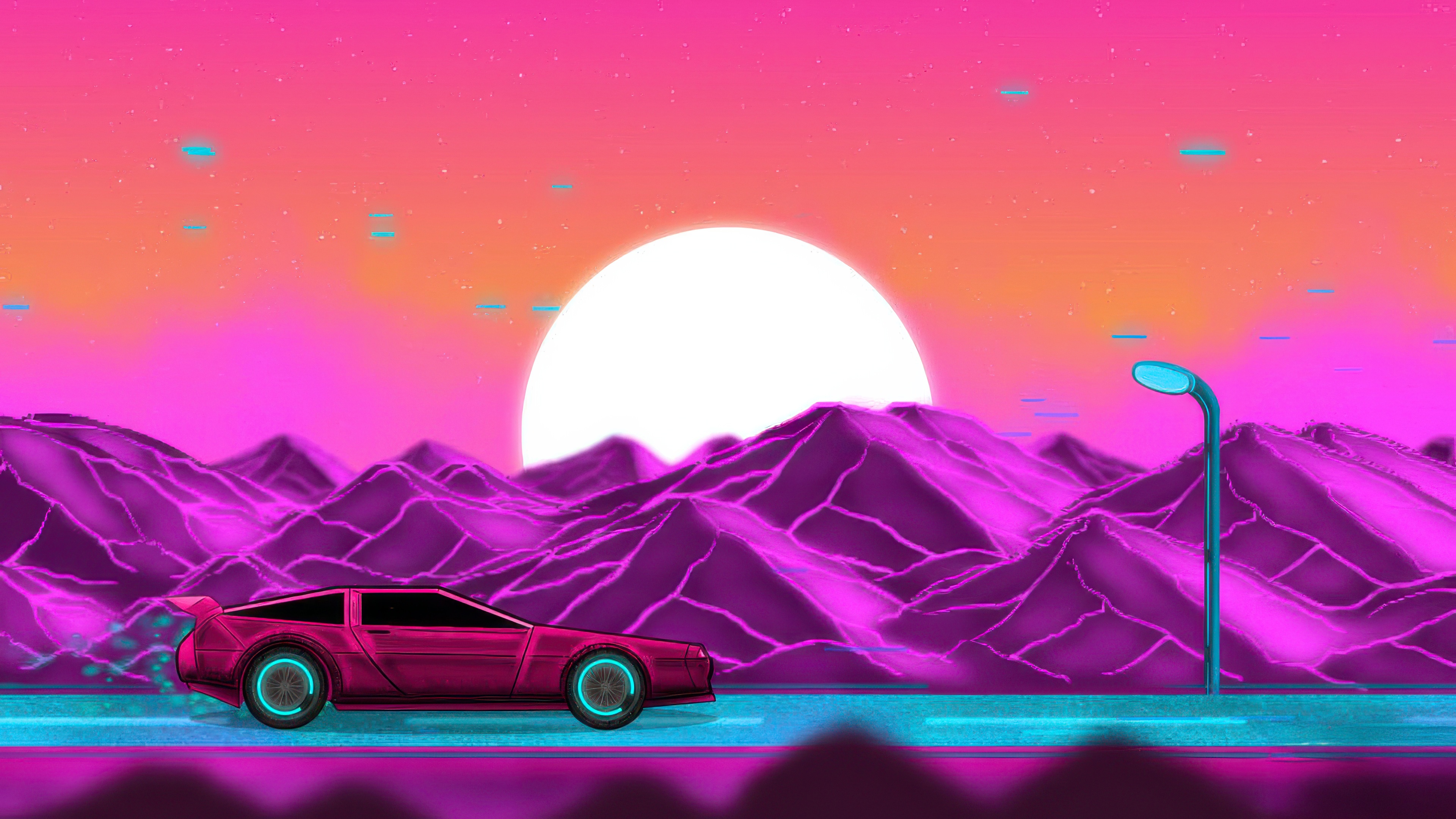 Neon Highway Synthwave Car In Mountains HD Wallpaper