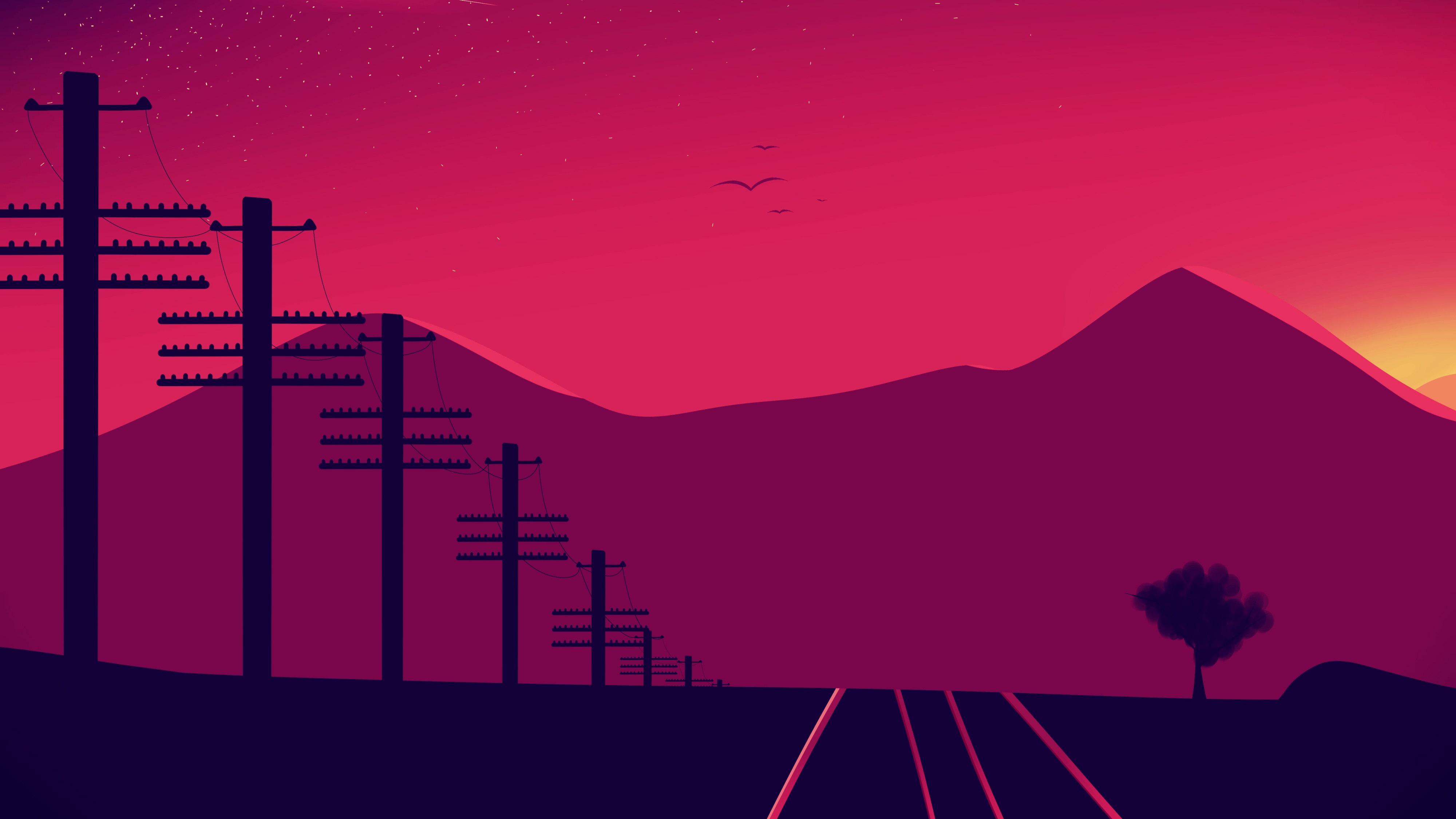 Power Lines at Sunset Landscape HD Wallpaper