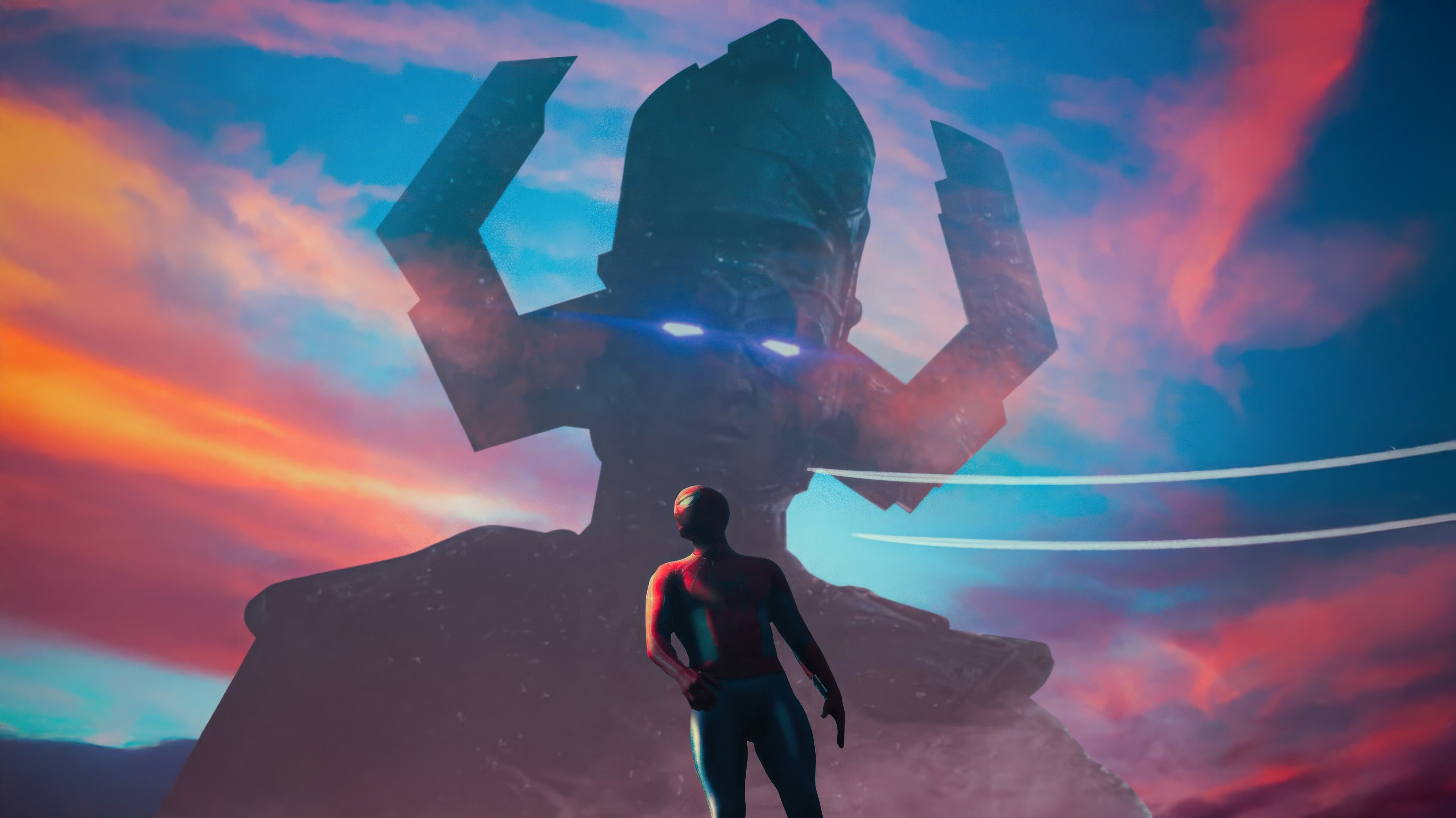 Spider-Man faces Galactus against a colorful sky HD Wallpaper