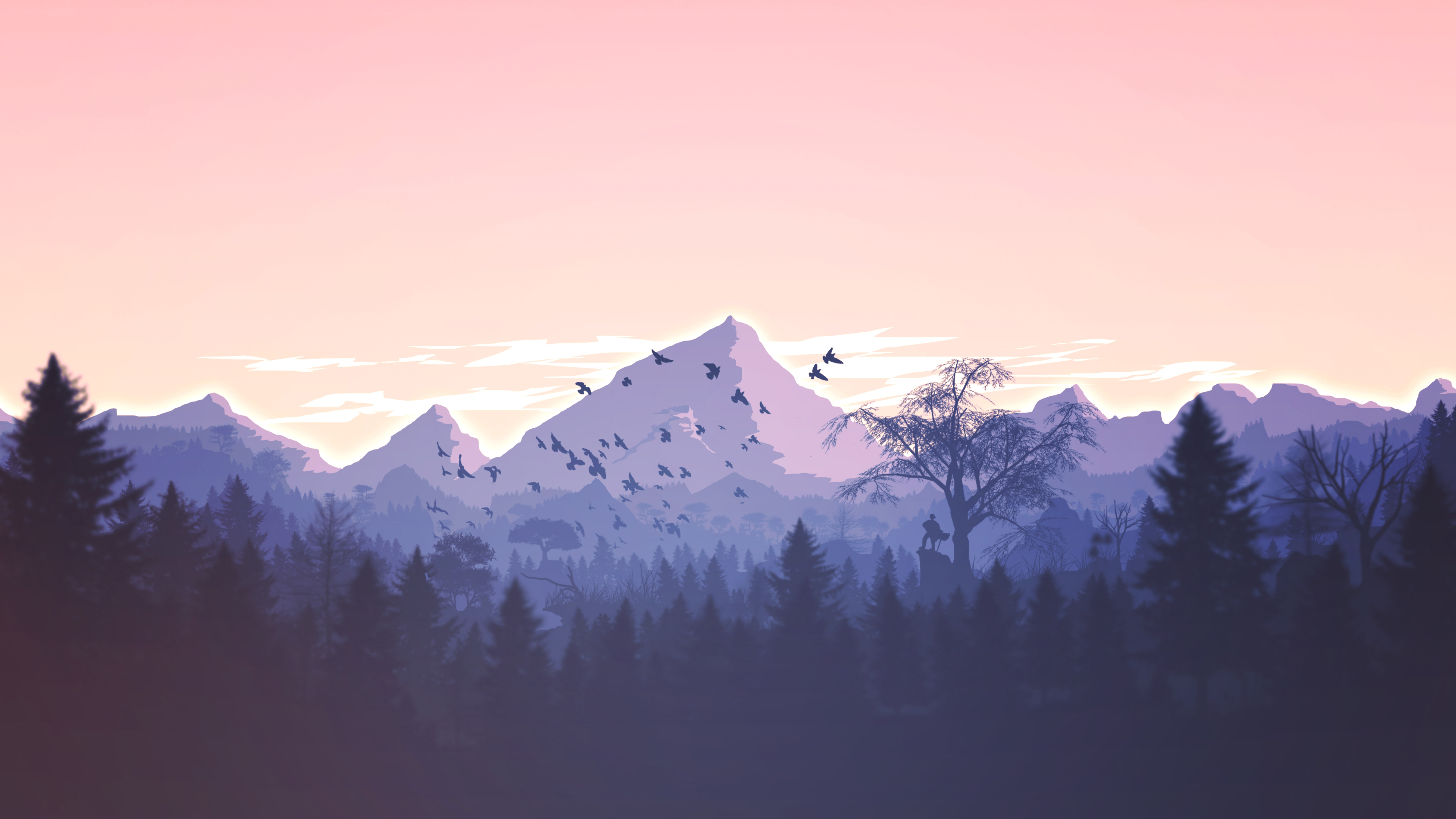 Birds flying over mountains and evergreen forests HD Wallpaper