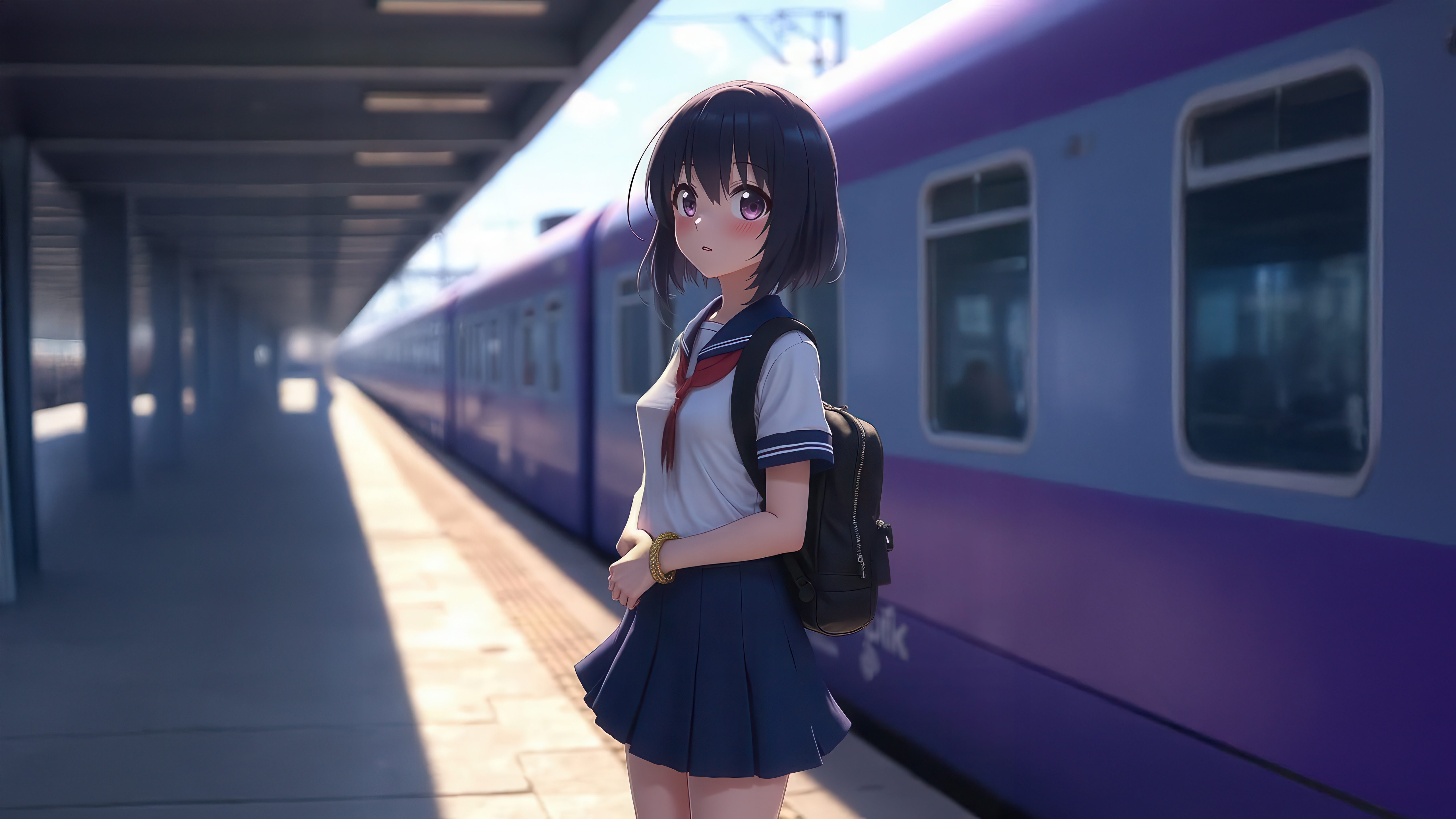 Anime schoolgirl at a train station HD Wallpaper