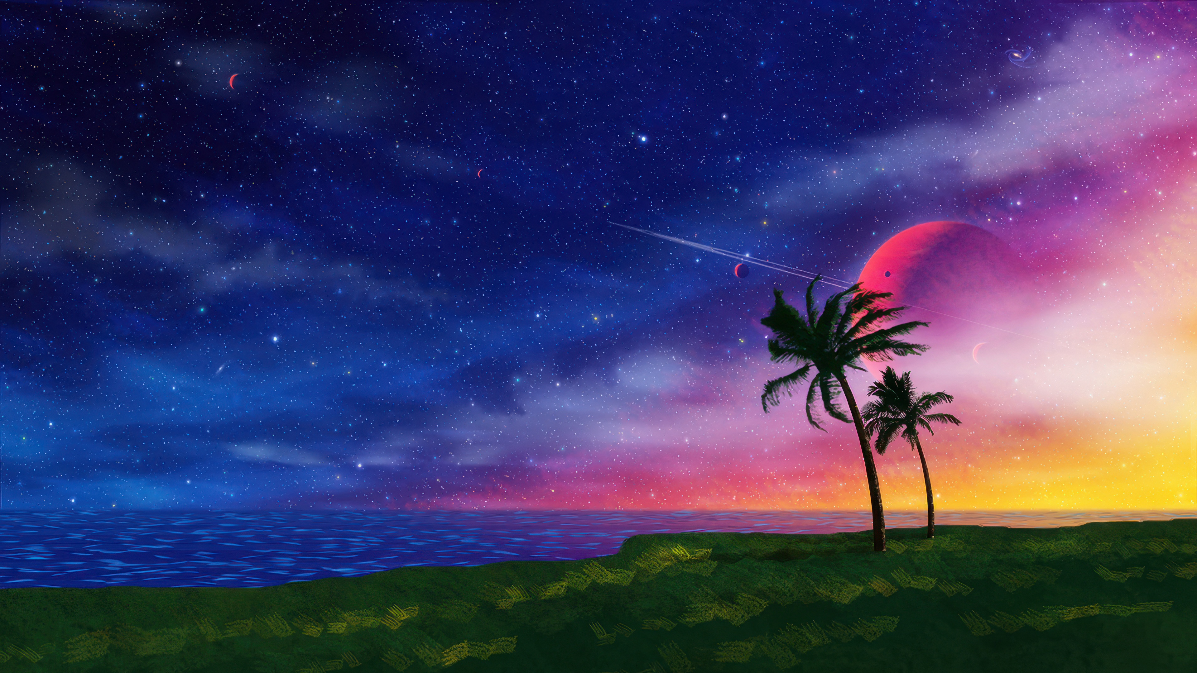 Cosmic Paradise with Palm Trees and Planets HD Wallpaper