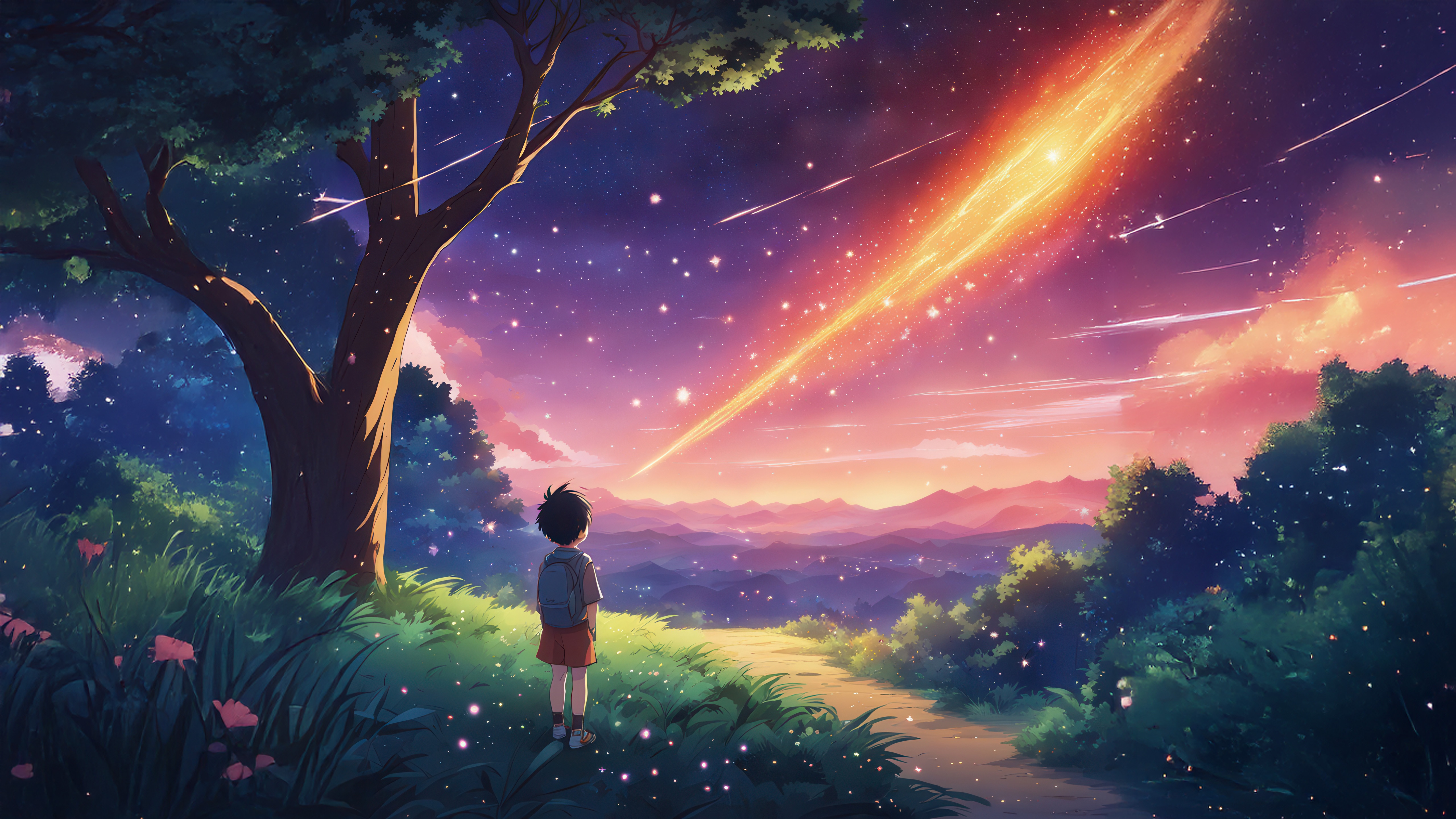 Anime Boy Watches a Comet in a Starry Sky HD Wallpaper