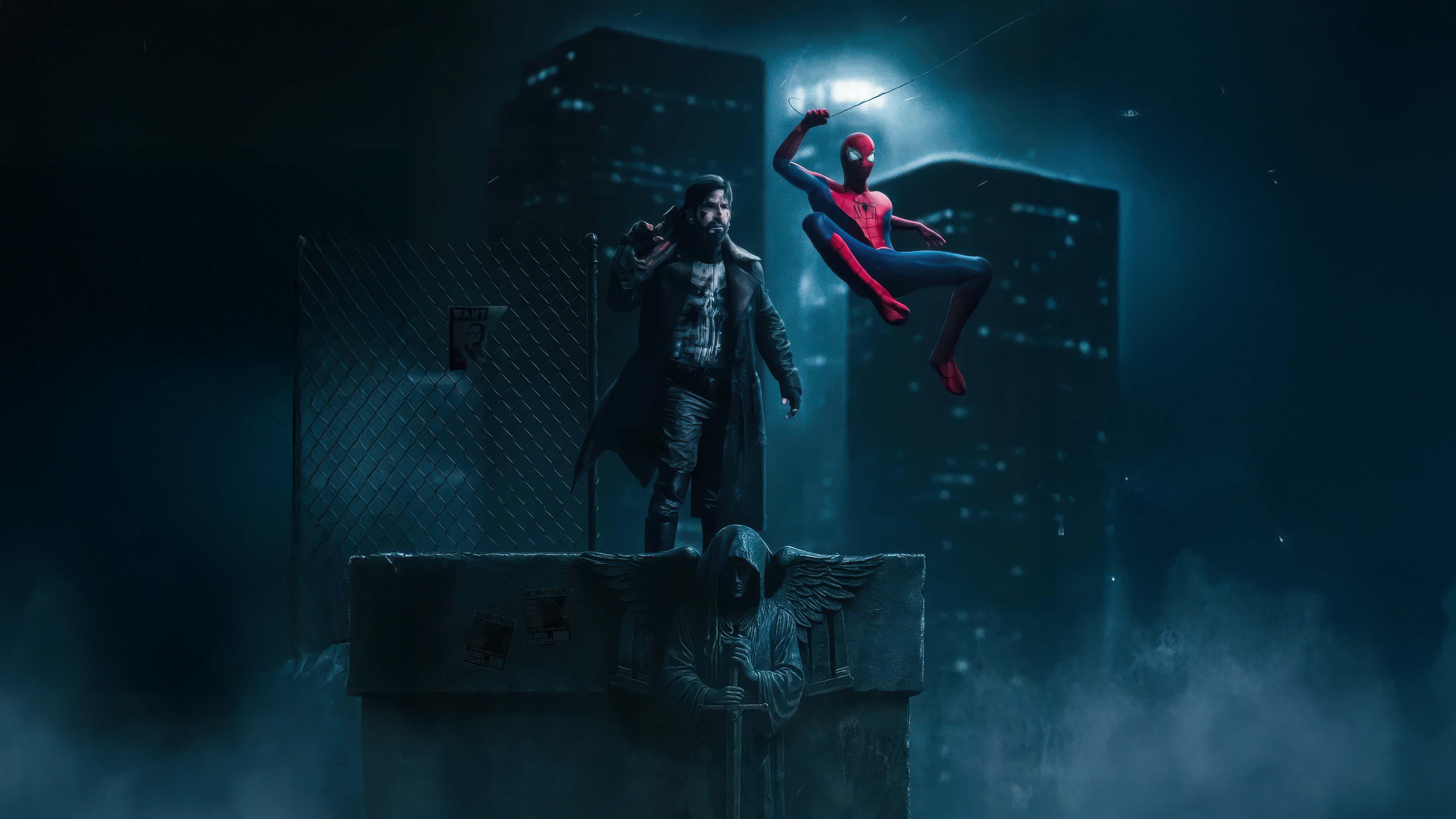 The Punisher and Spiderman in a City at Night HD Wallpaper