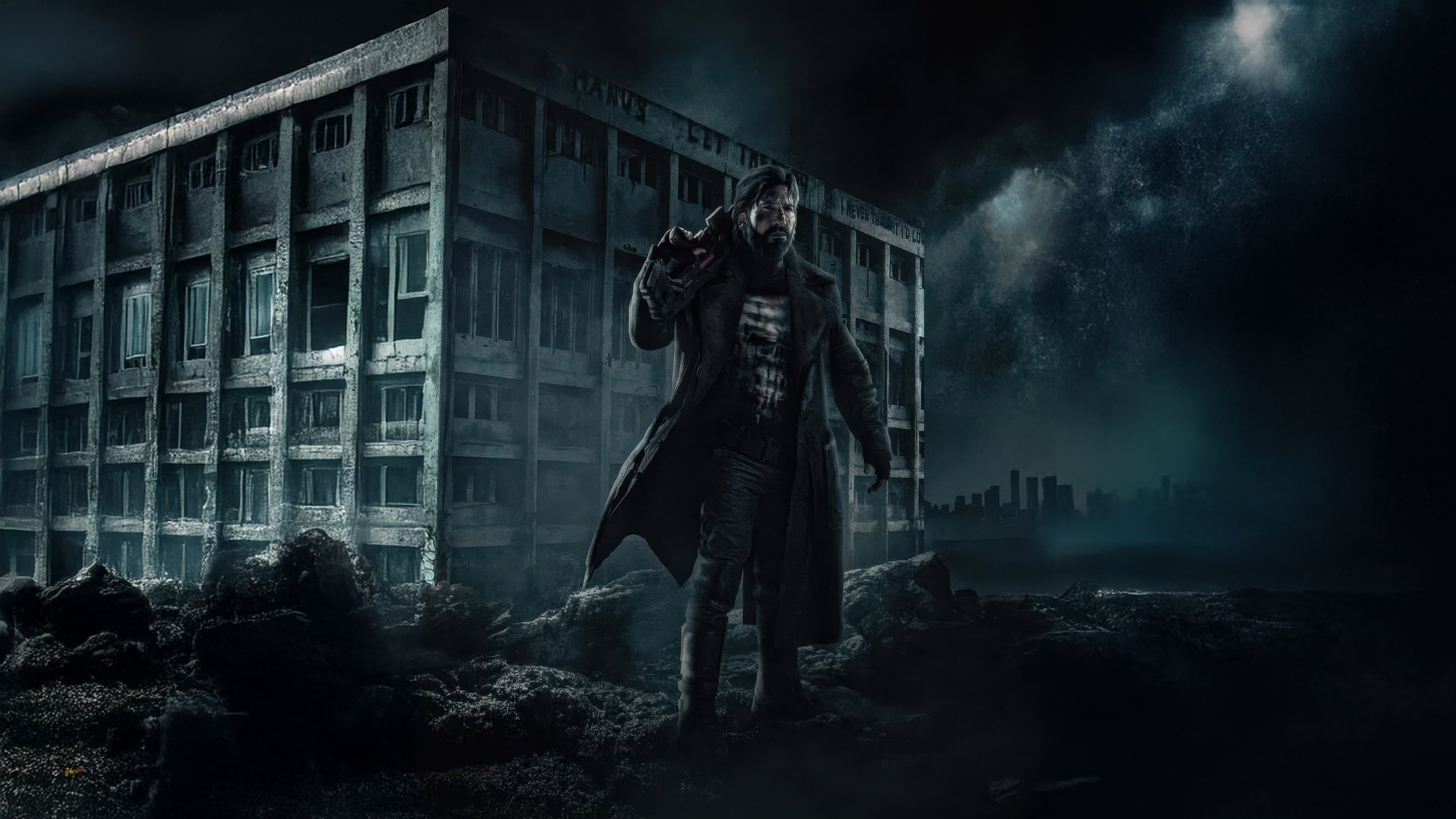 The Punisher stands in front of a ruined building HD Wallpaper
