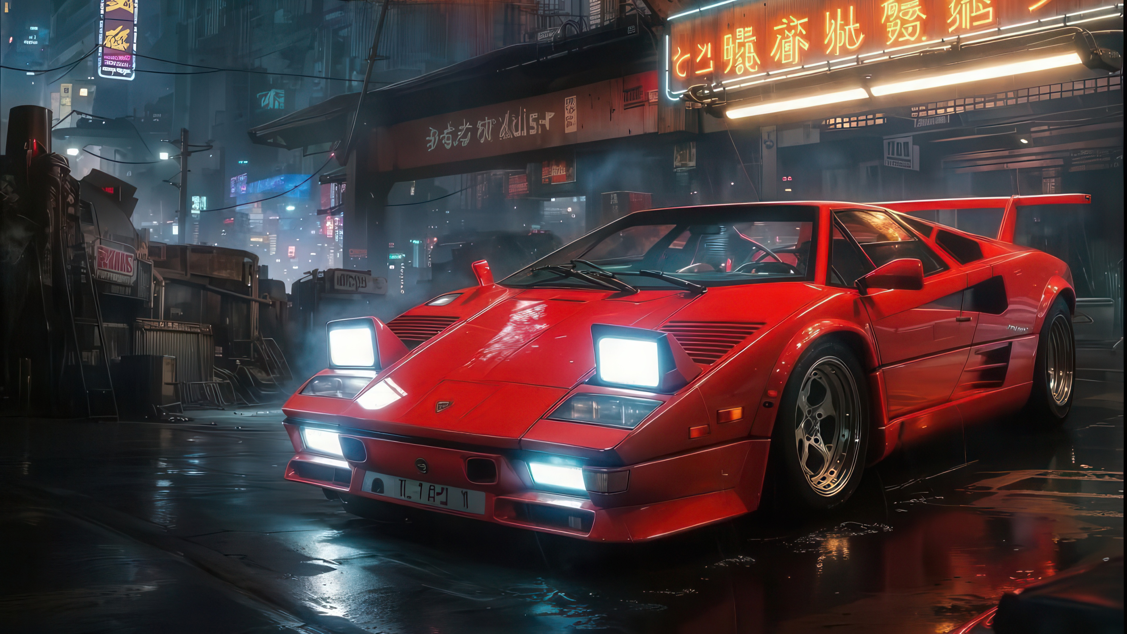 Red Lamborghini Countach In Cyberpunk City HD Wallpaper
