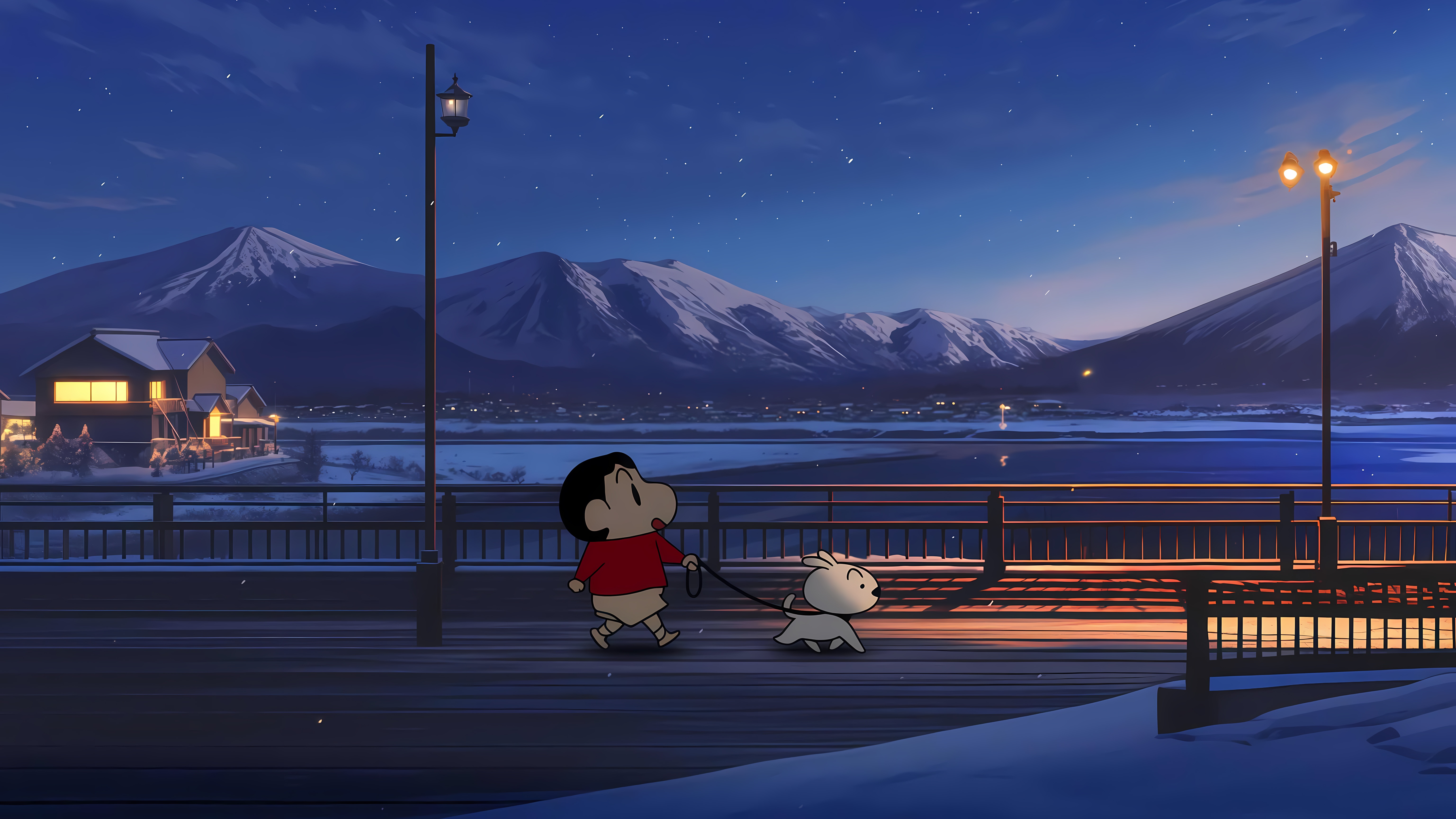Crayon Shin Chan walking his dog at night HD Wallpaper