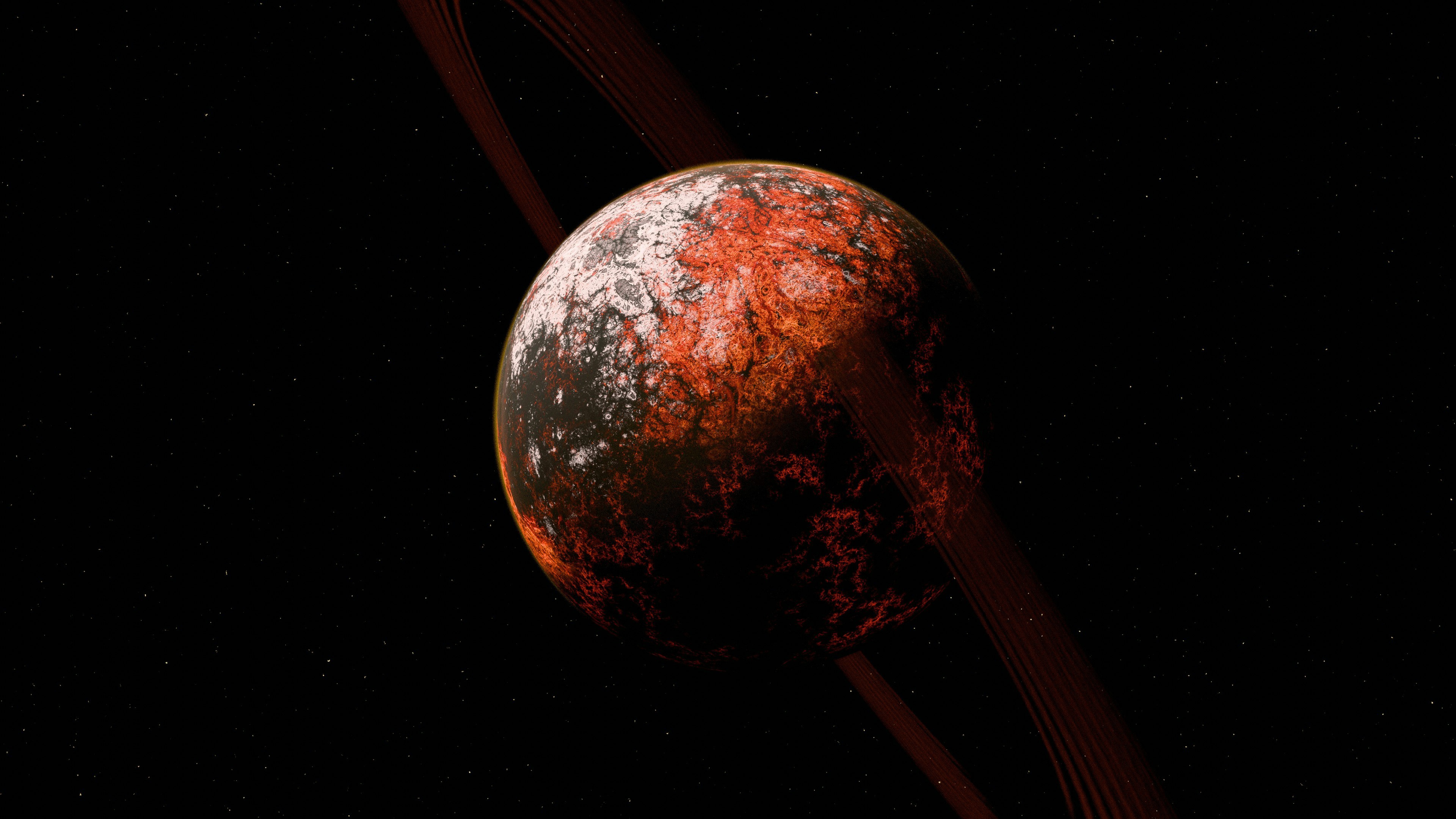 A ringed planet with a fiery surface in space HD Wallpaper