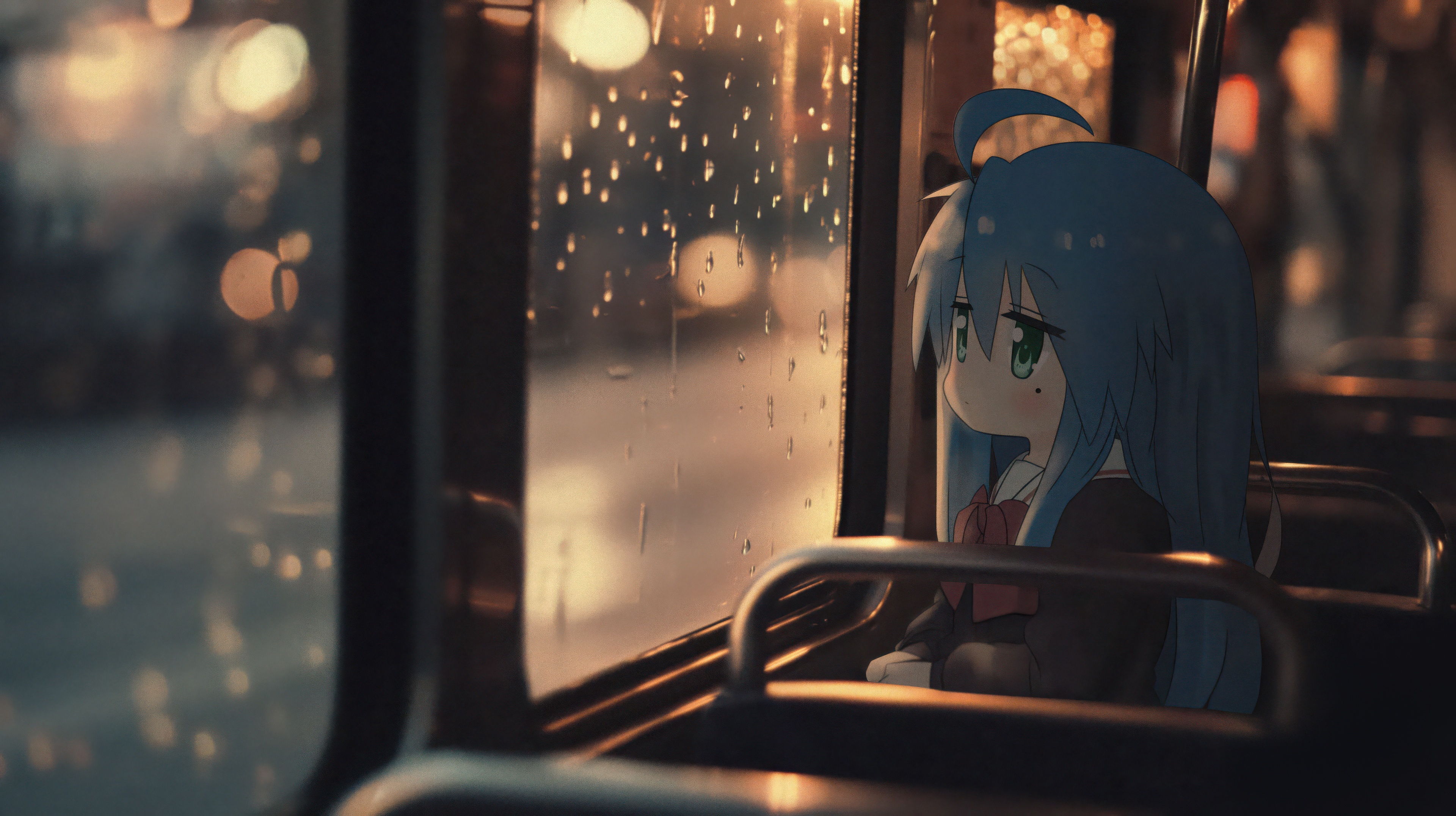 Konata Izumi on a rainy bus ride HD Wallpaper