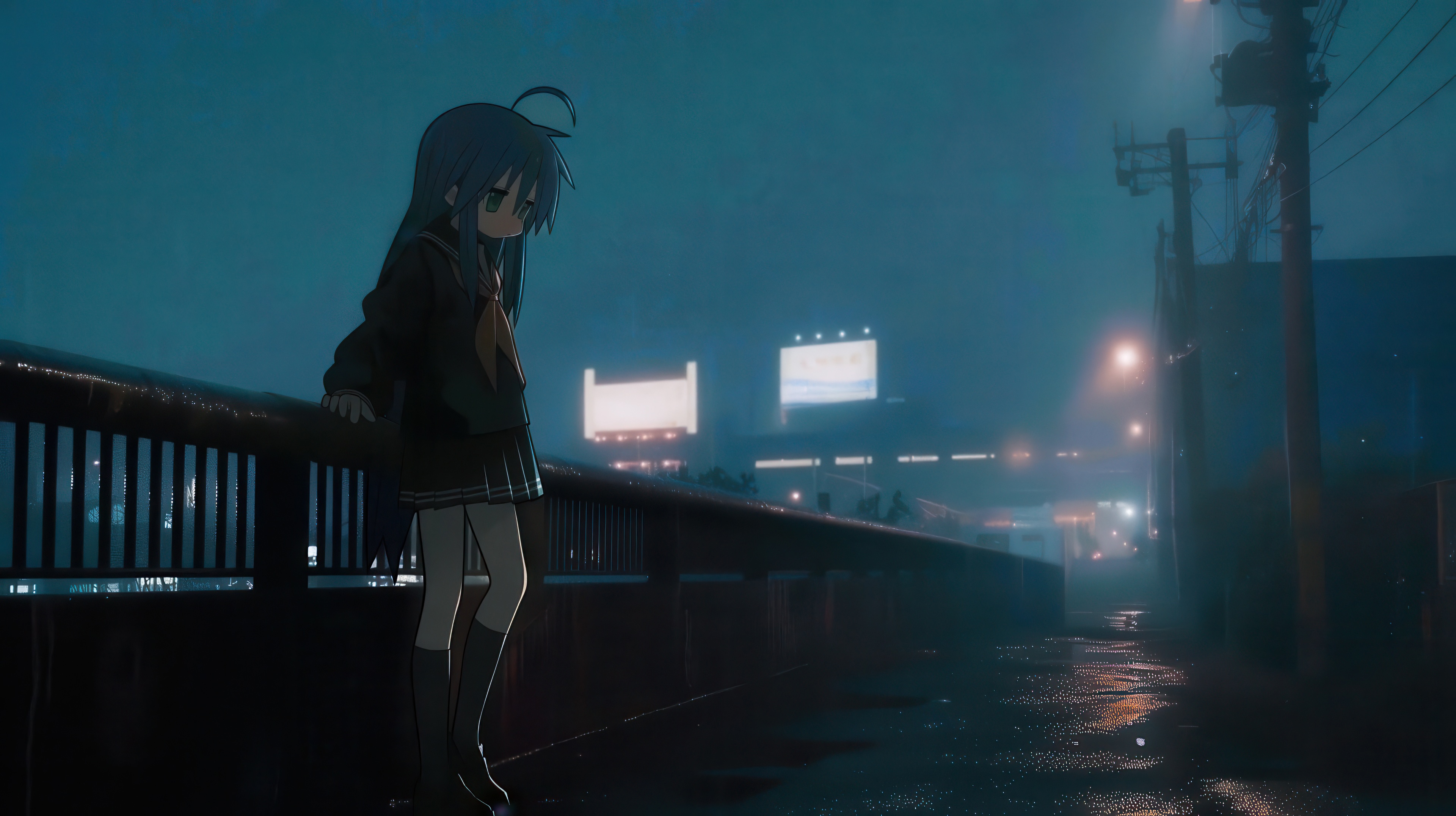 Konata Izumi standing on a bridge at night HD Wallpaper