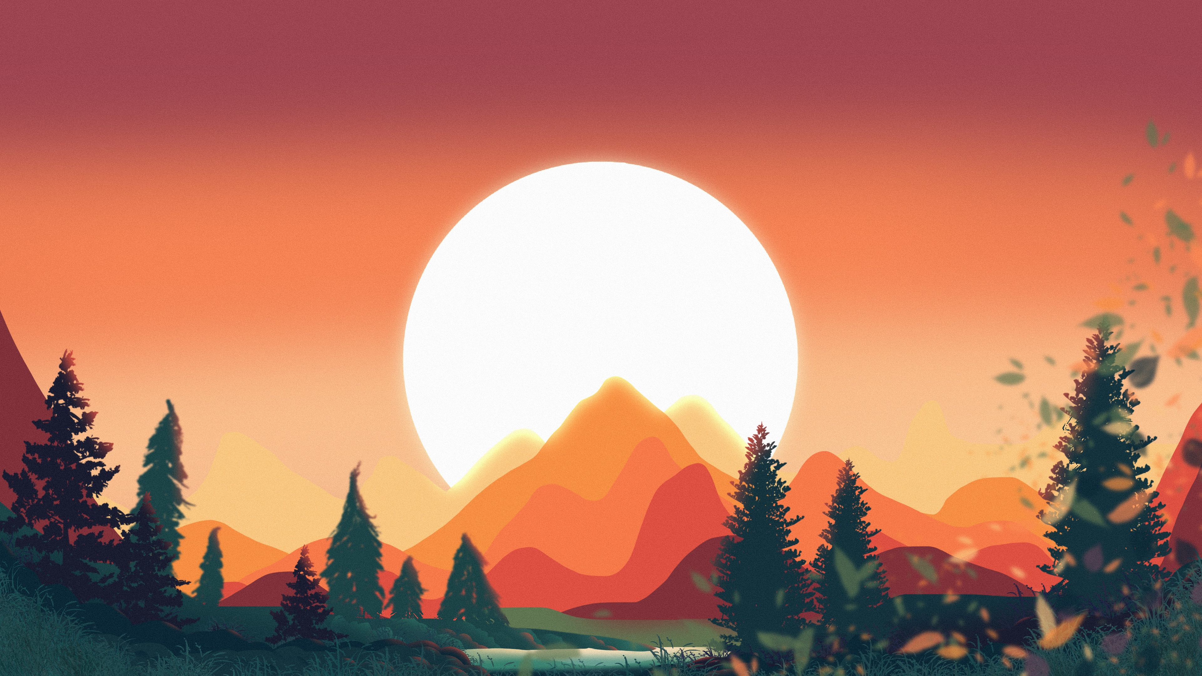 Sunset over mountains with trees and sunlight HD Wallpaper
