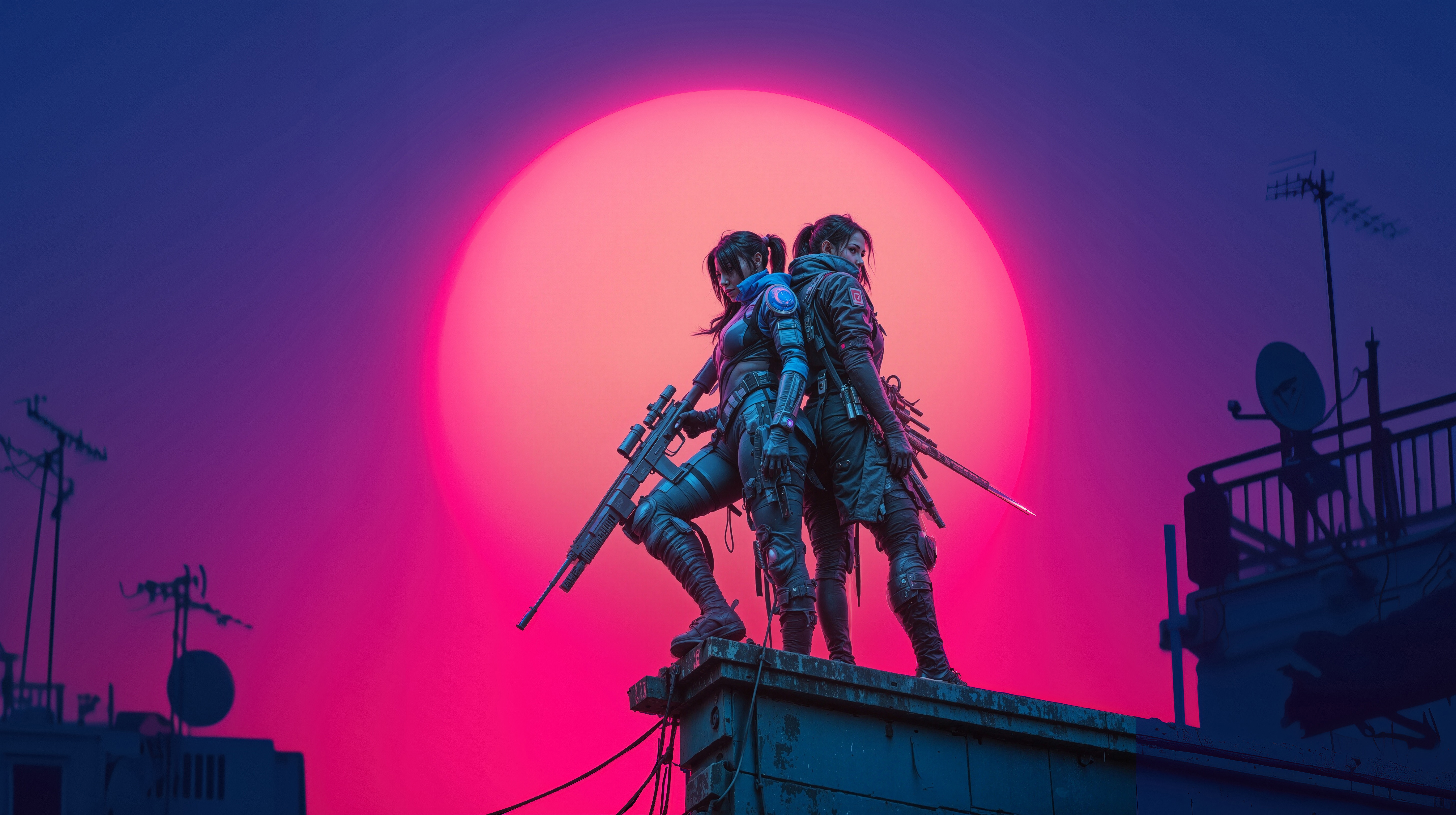 Two women with guns on a rooftop at sunset HD Wallpaper