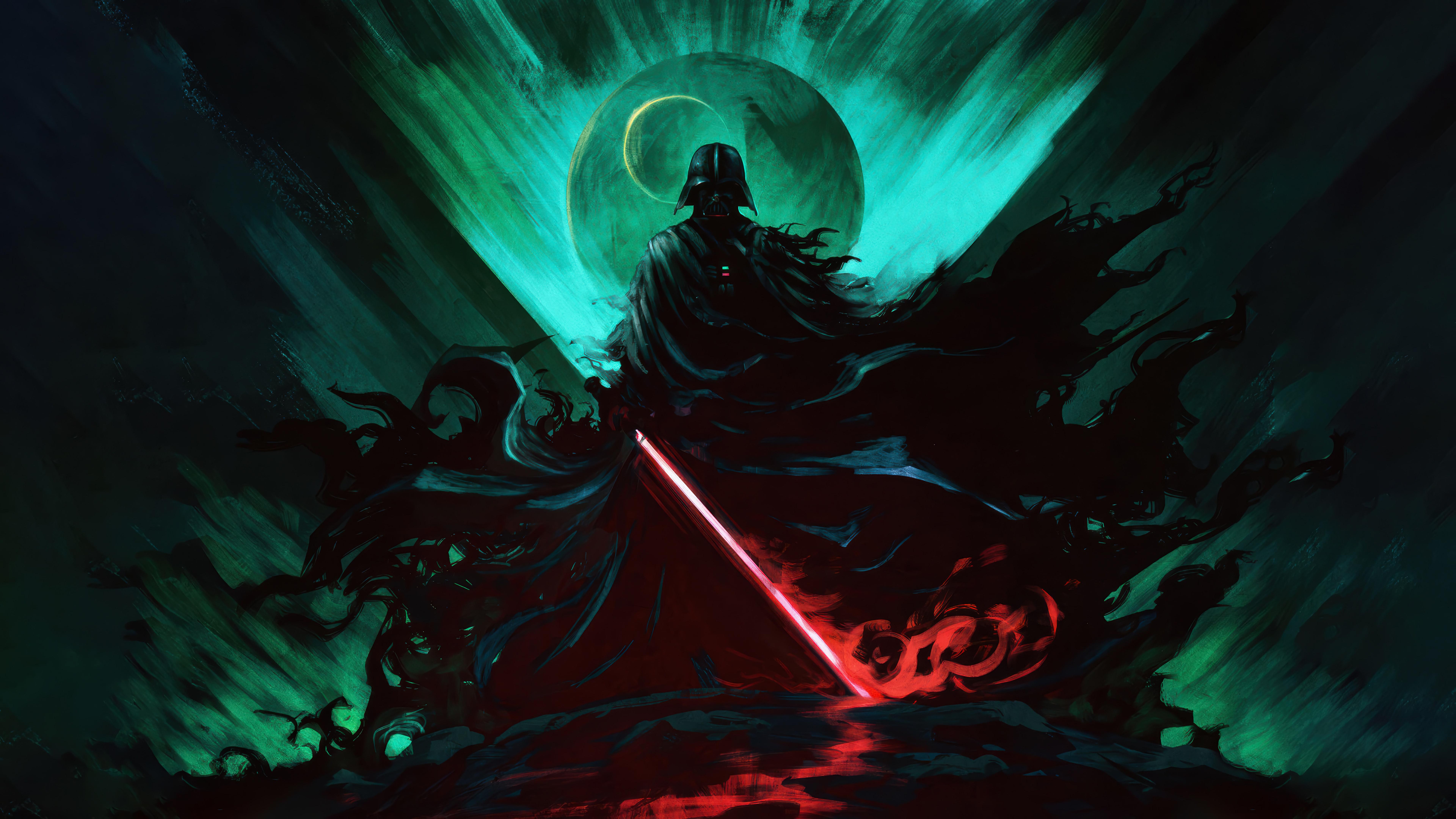Darth Vader with red lightsaber and green moon HD Wallpaper