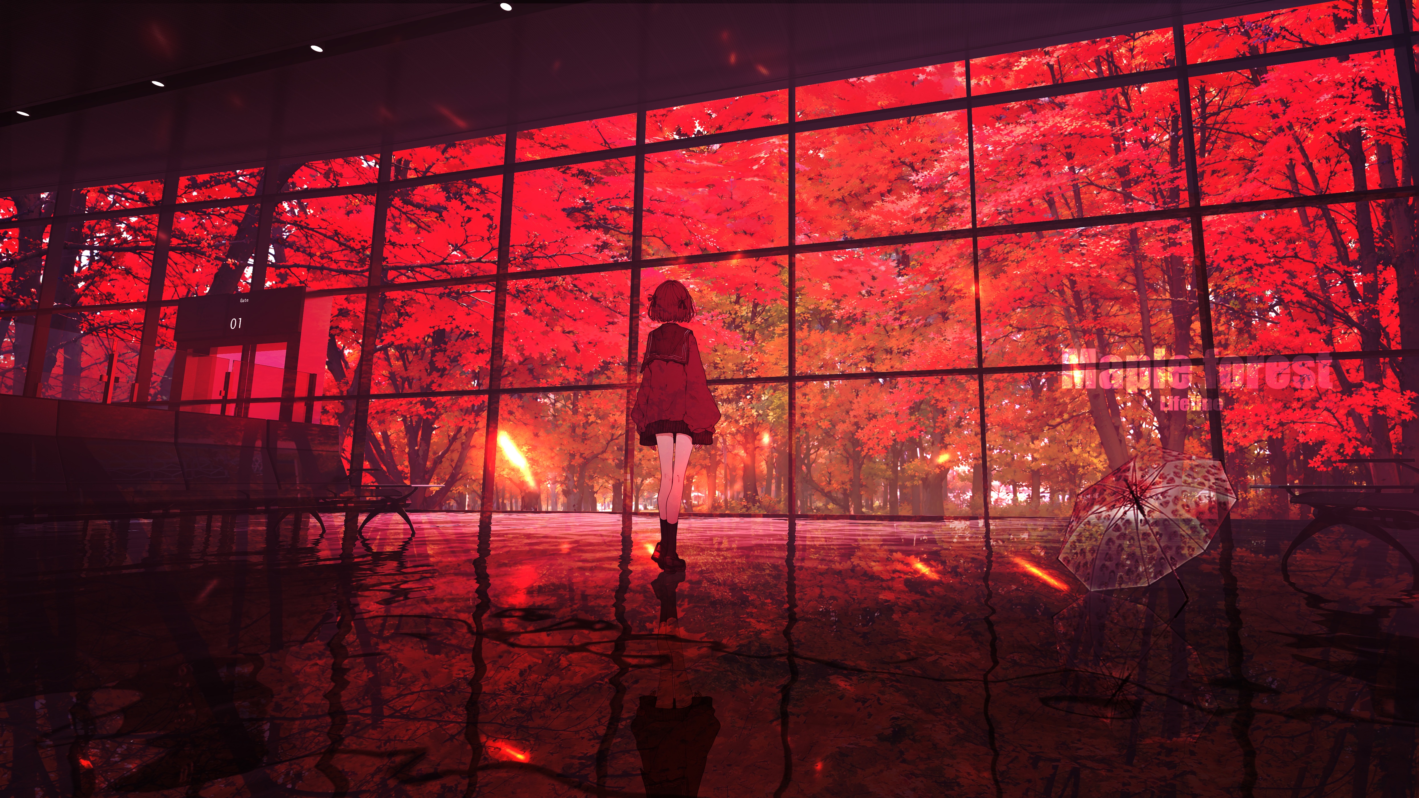 Anime Girl in Red Forest HD Wallpaper