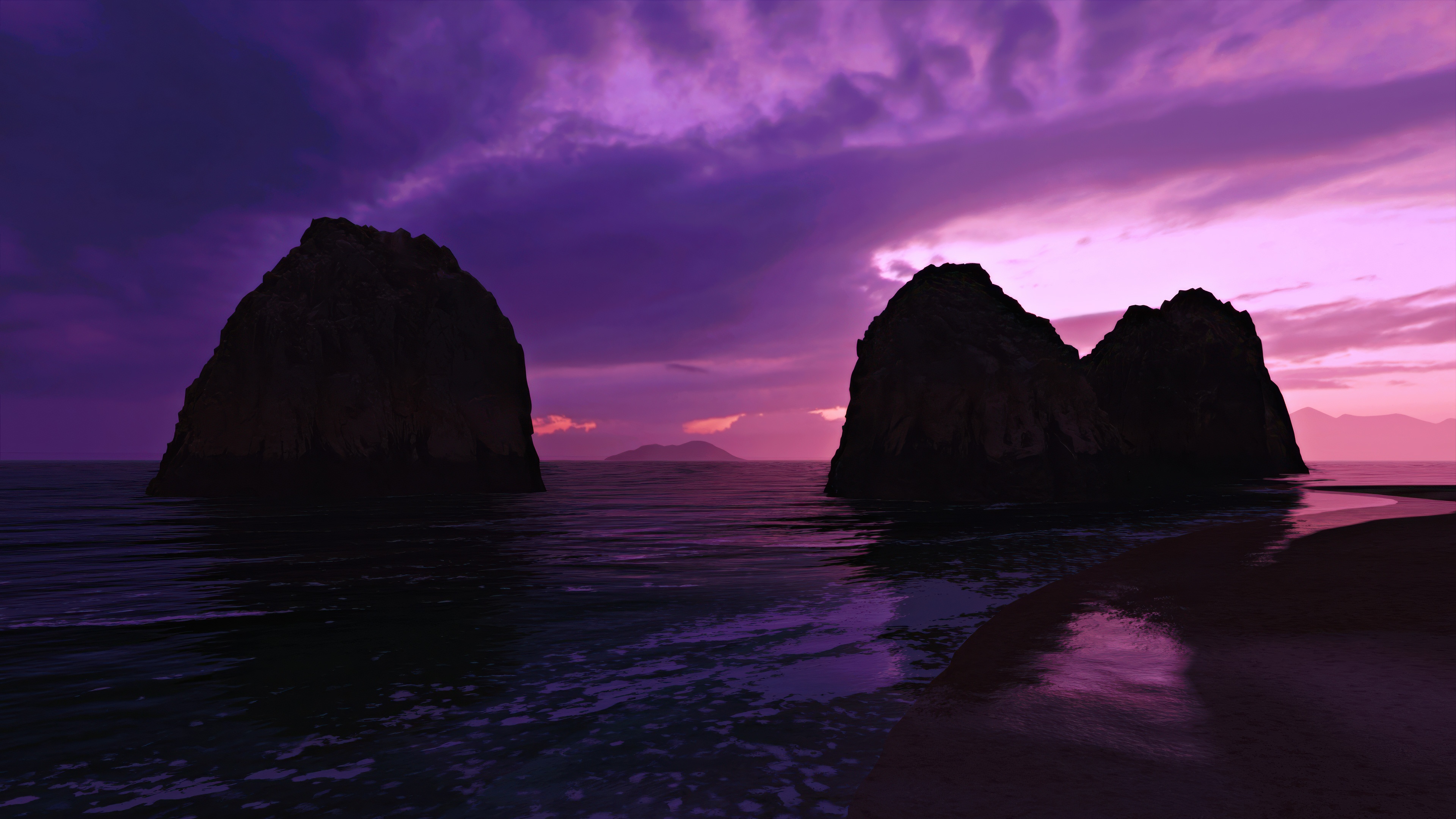 Dark rocks in the ocean at sunset HD Wallpaper