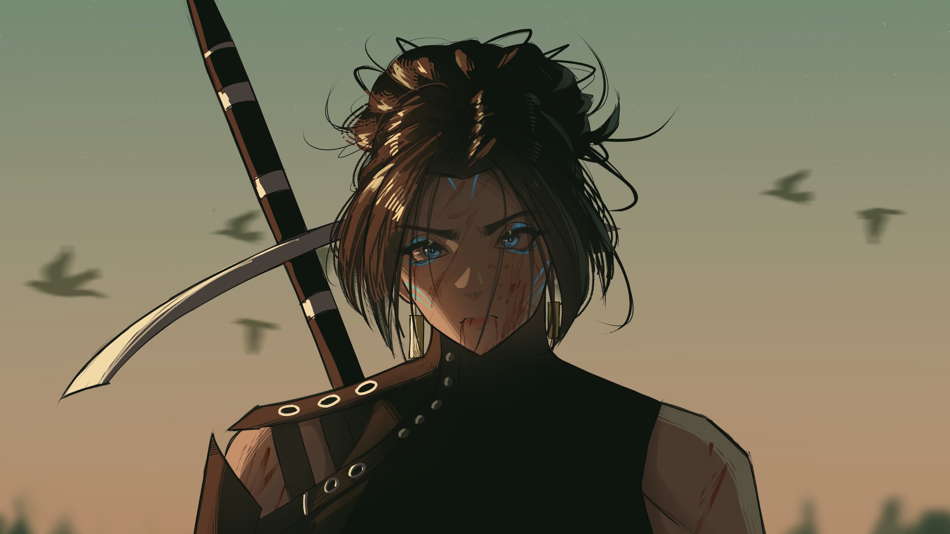 Woman warrior with sword and blood HD Wallpaper