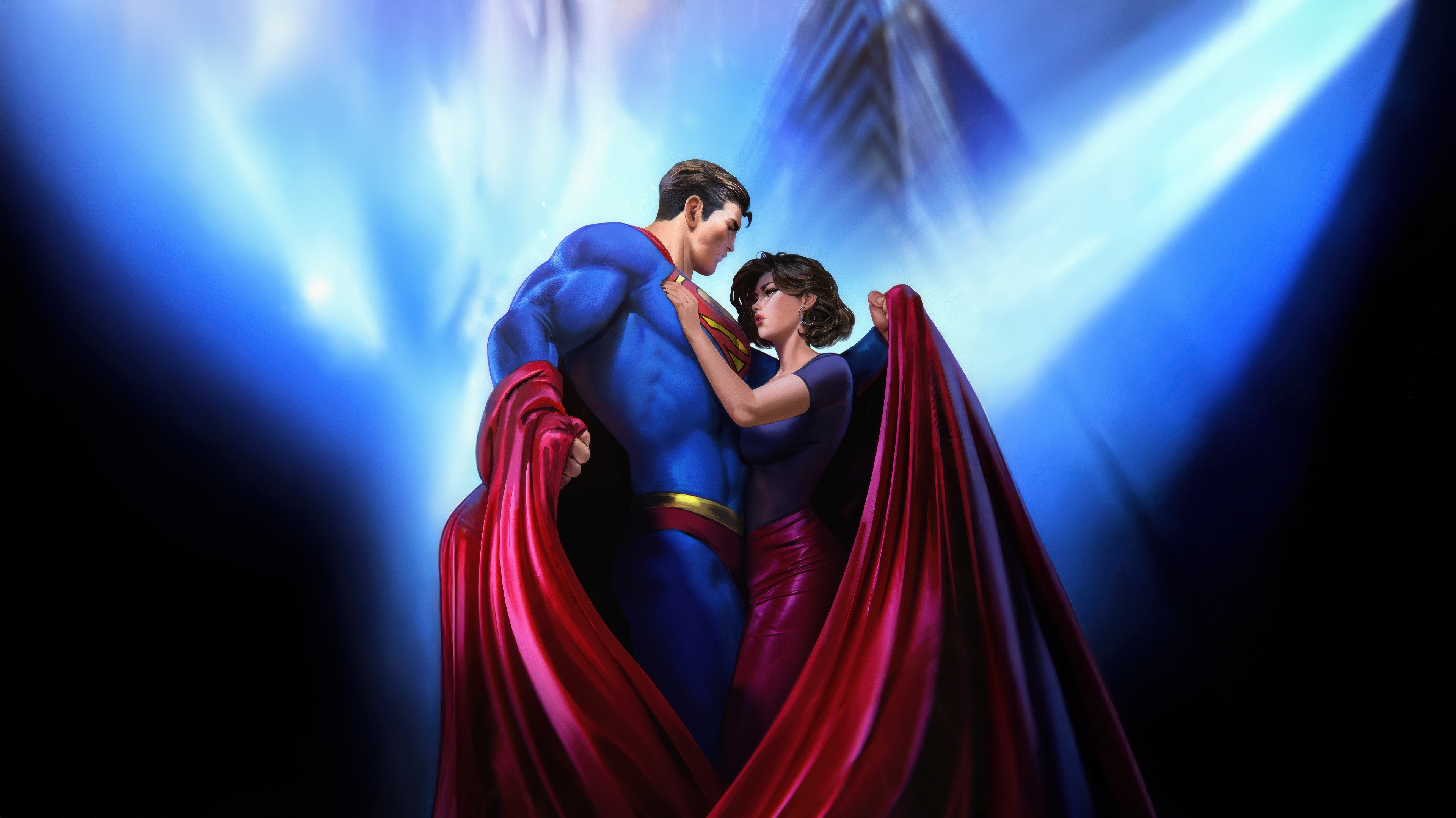 Superman and Lois Lane embrace under blue lights HD Wallpaper