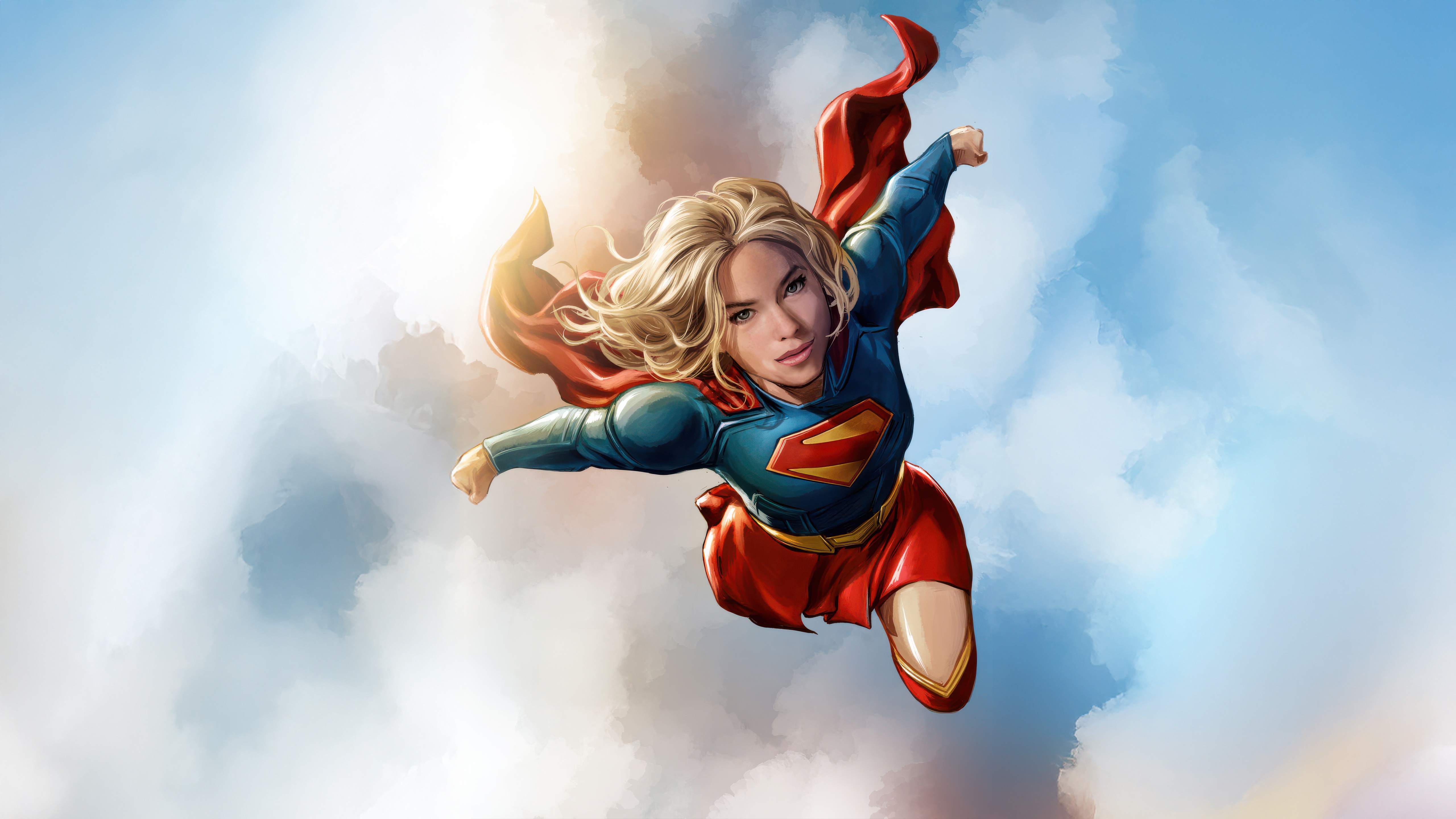 Supergirl flying through the sky HD Wallpaper