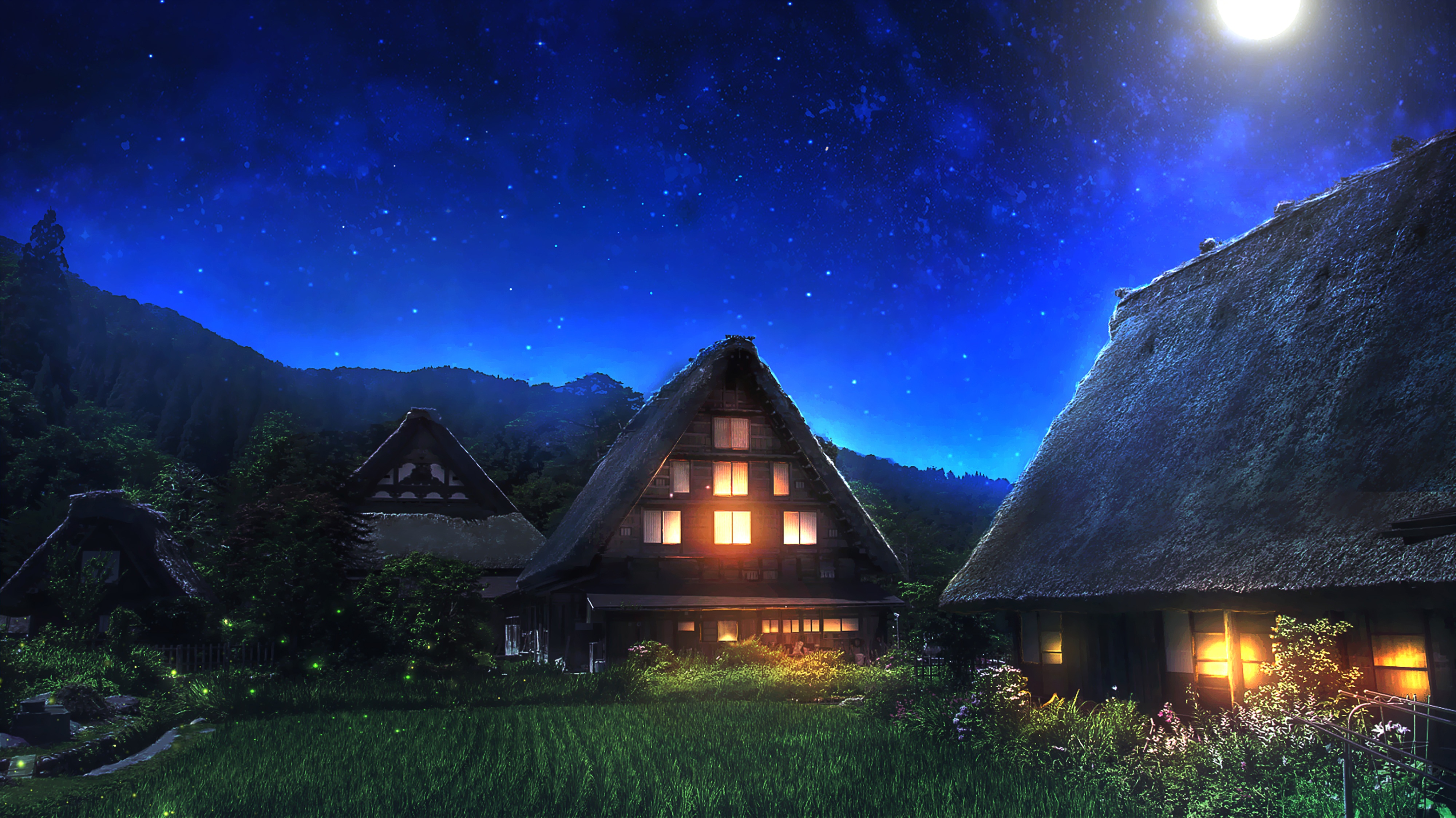 Peaceful Mountain Village at Night HD Wallpaper