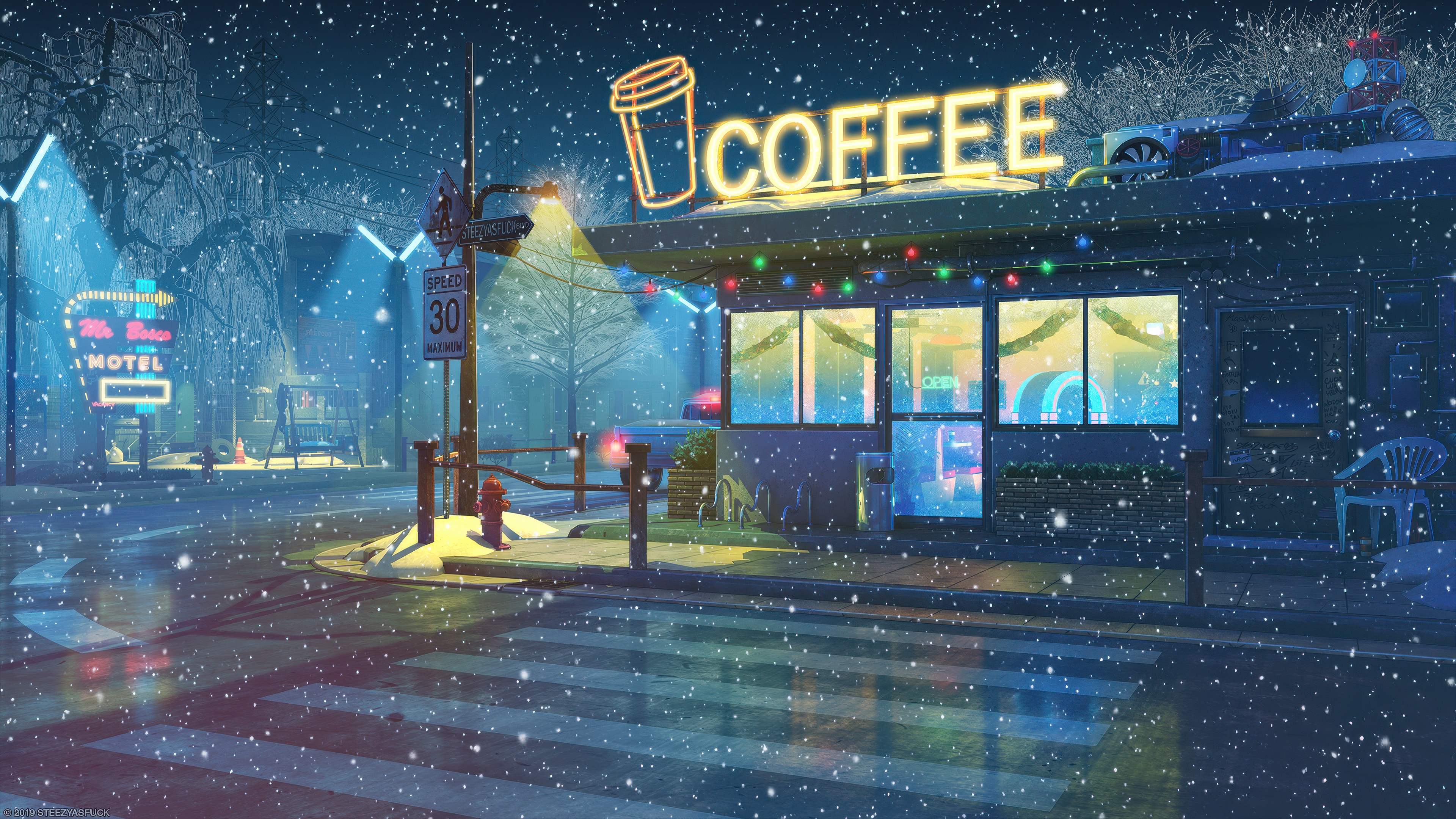 Cozy Coffee House in a Winter Storm HD Wallpaper