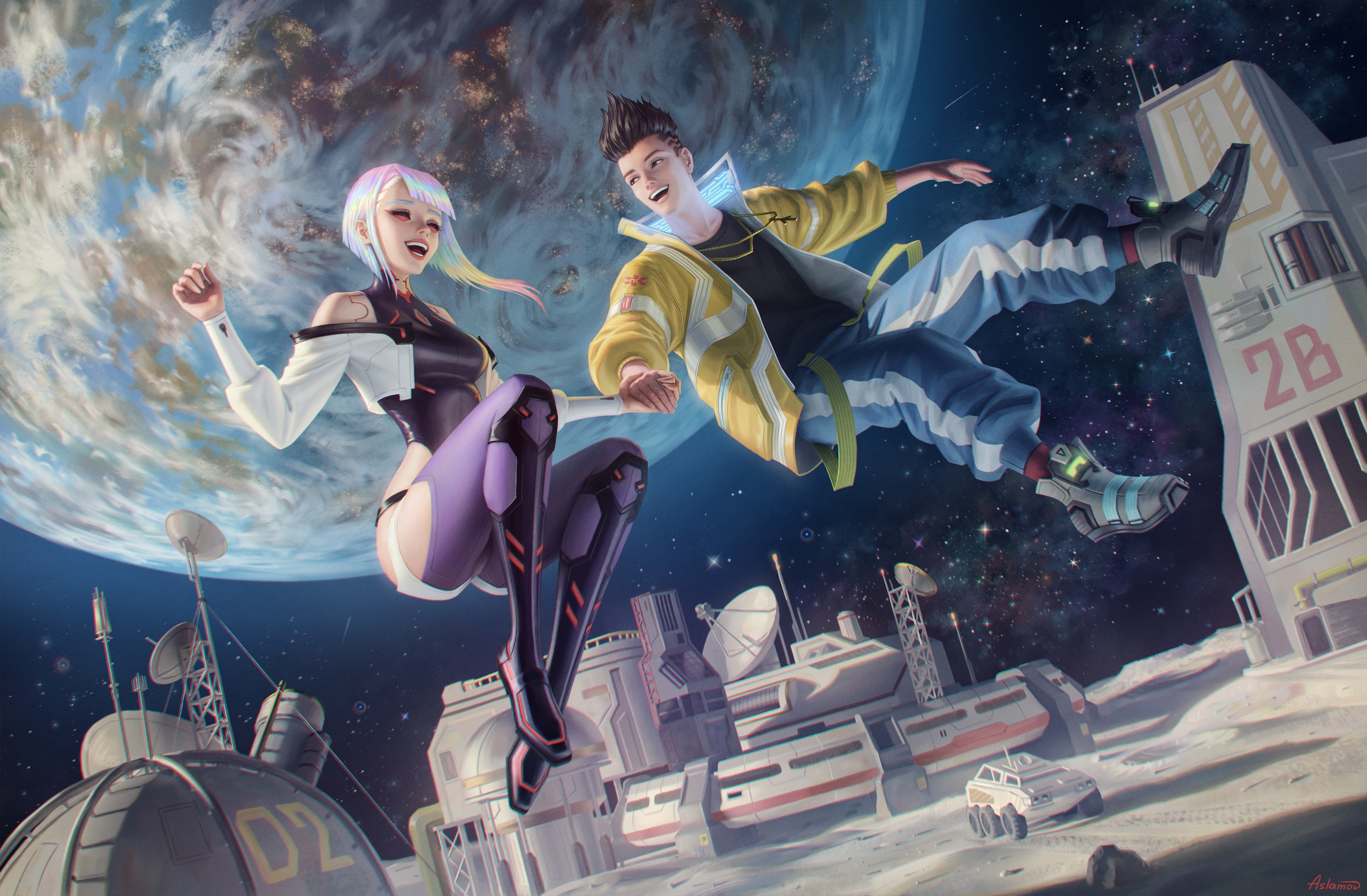 Lucy and David from Cyberpunk Edgerunners in space HD Wallpaper